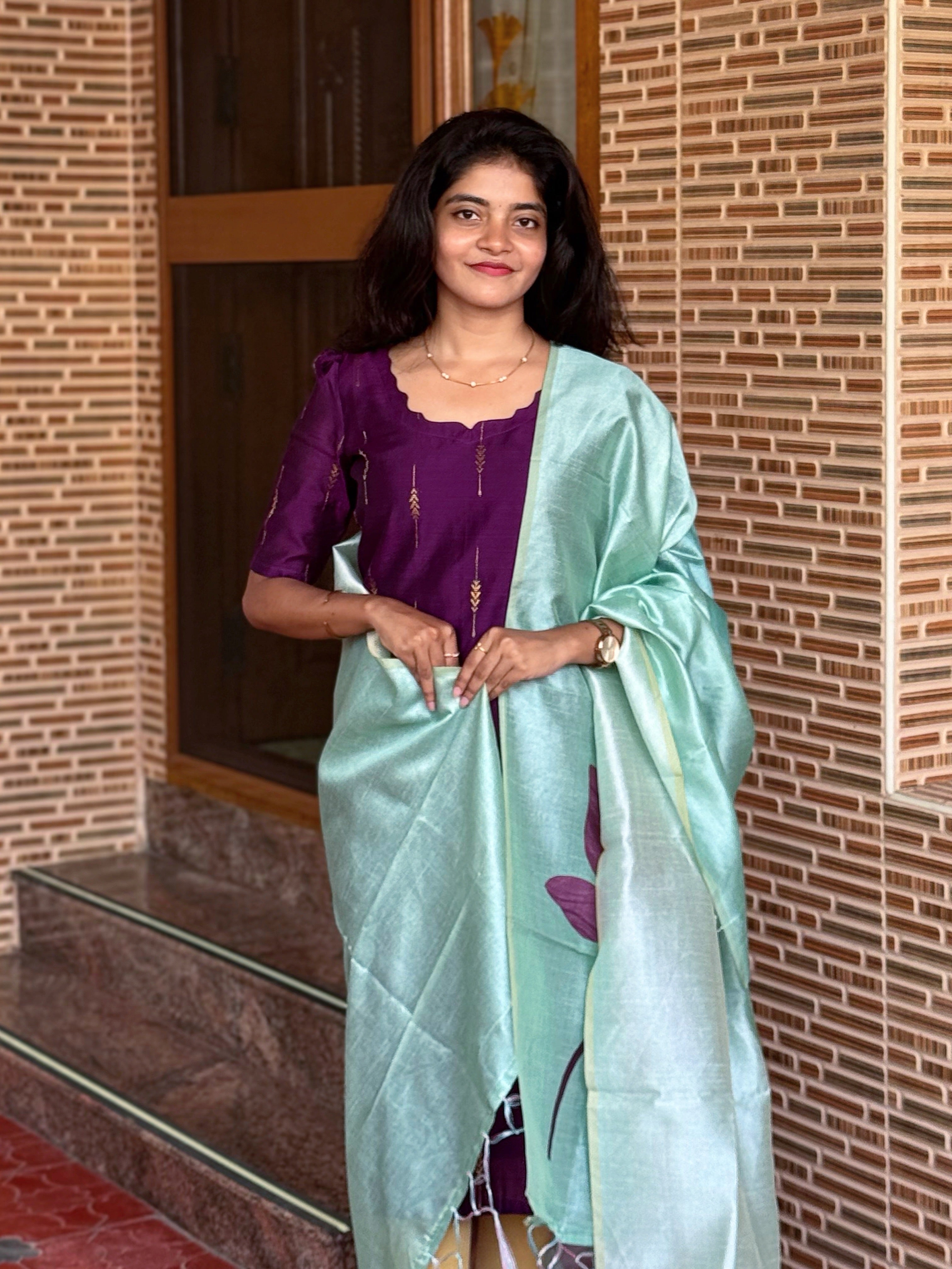 AC248 Purple Raw Silk kurti dupatta set
