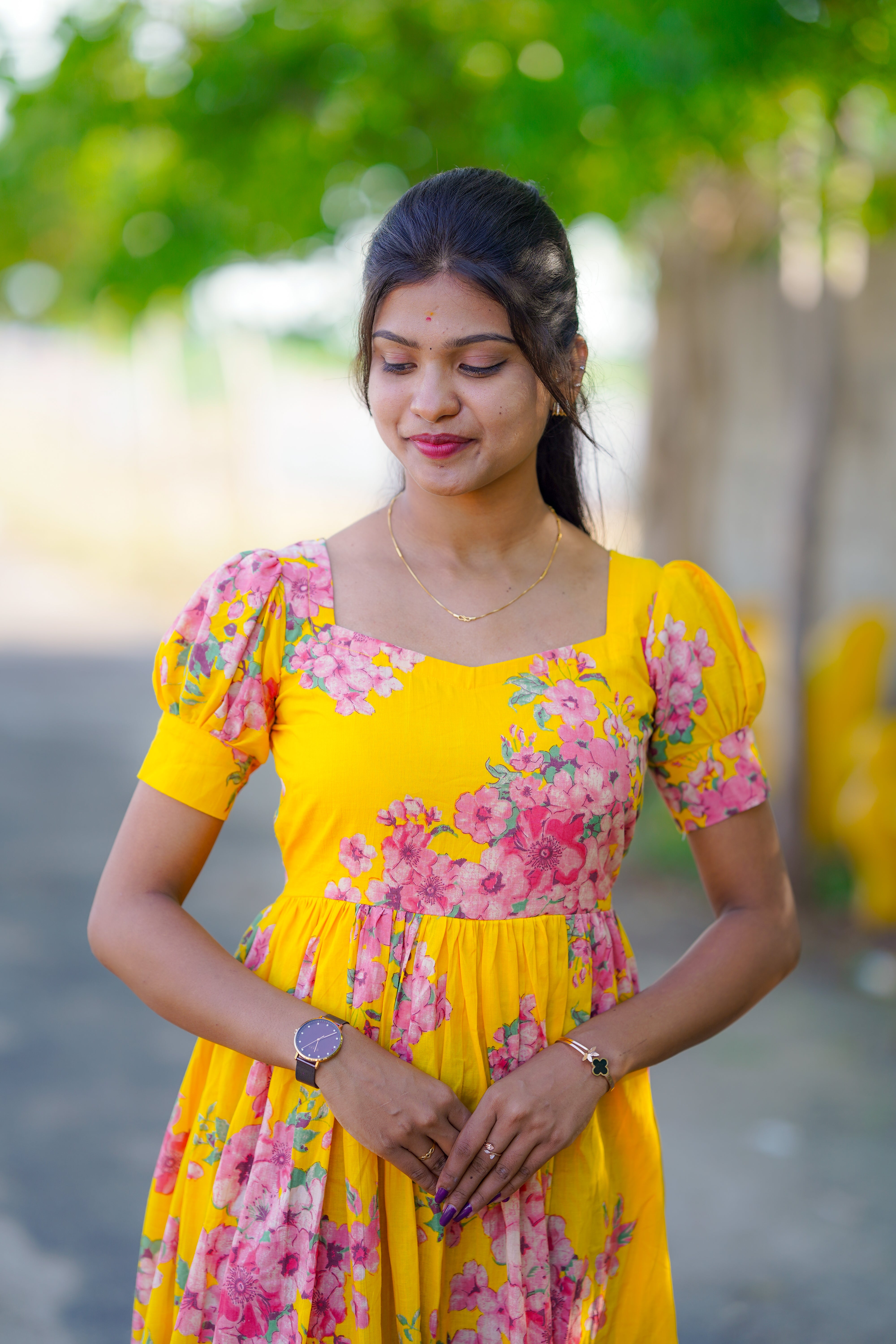 AC225 YELLOW COTTON FLORAL MAXI DRESS