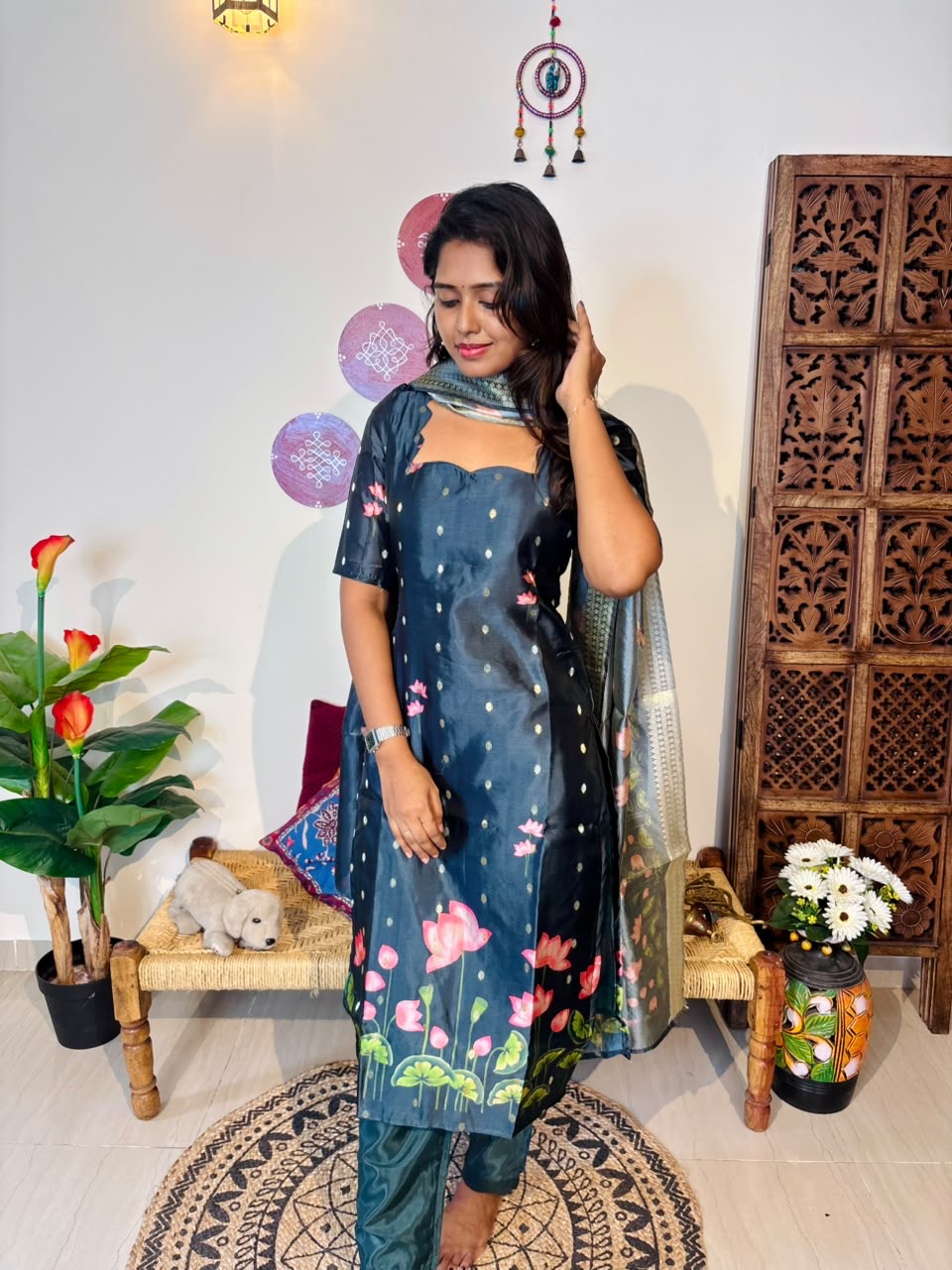 AC245 Semi Tussar Silk zari Butta Set