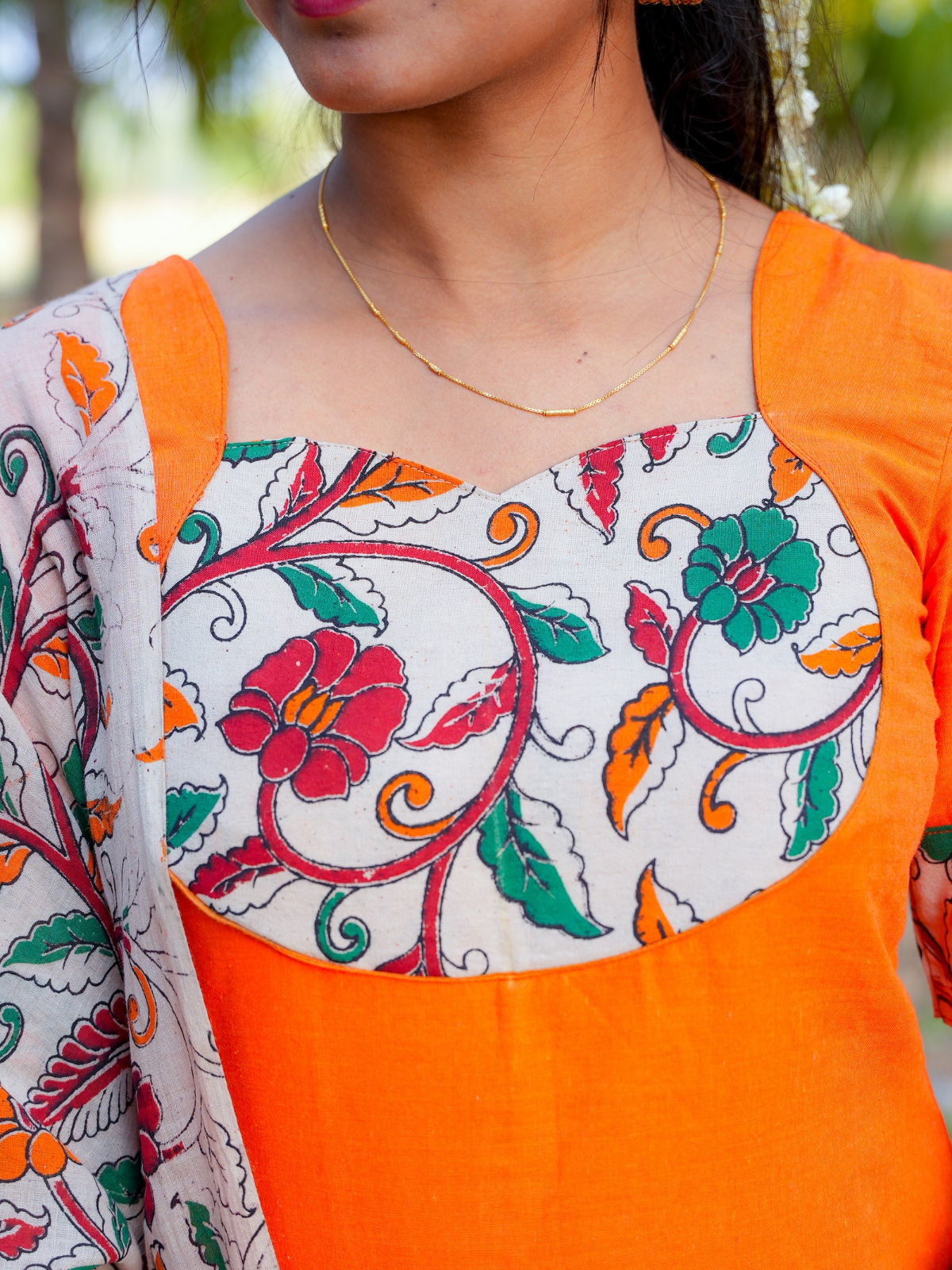 AC198 Kalamkari Orange Cotton Kurti Set