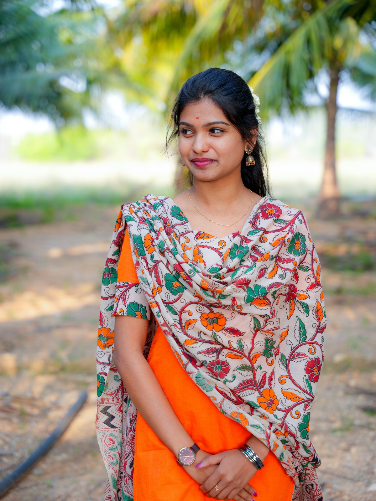 AC198 Kalamkari Orange Cotton Kurti Set