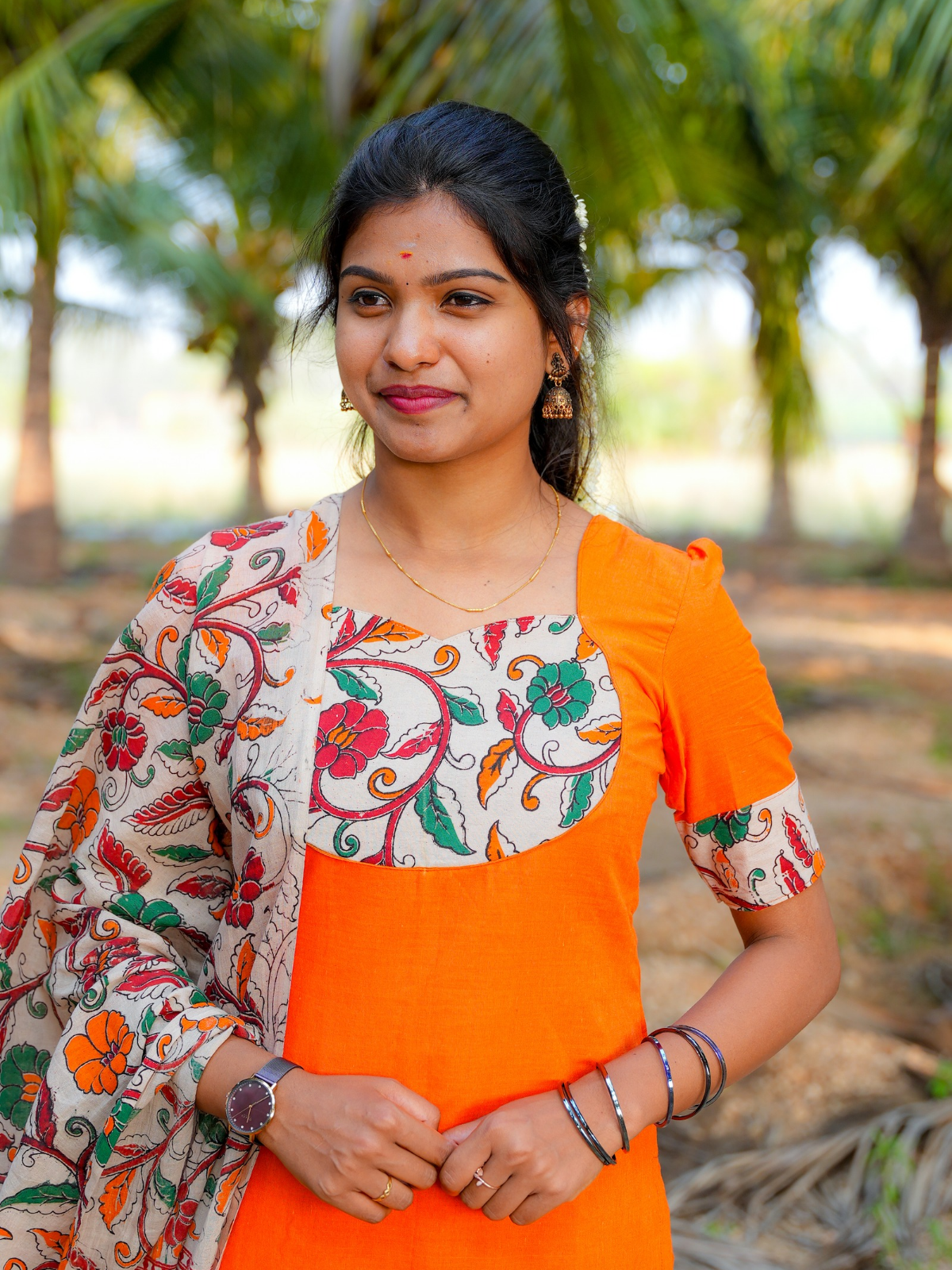 AC198 Kalamkari Orange Cotton Kurti Set