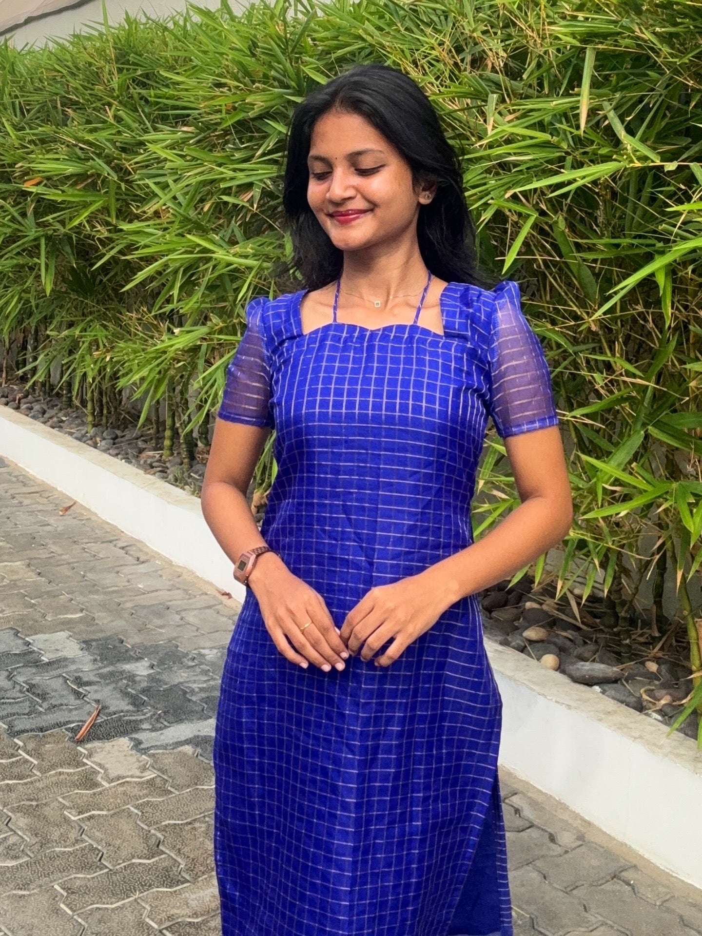 AC229 Royal Blue Organza Checks Kurti