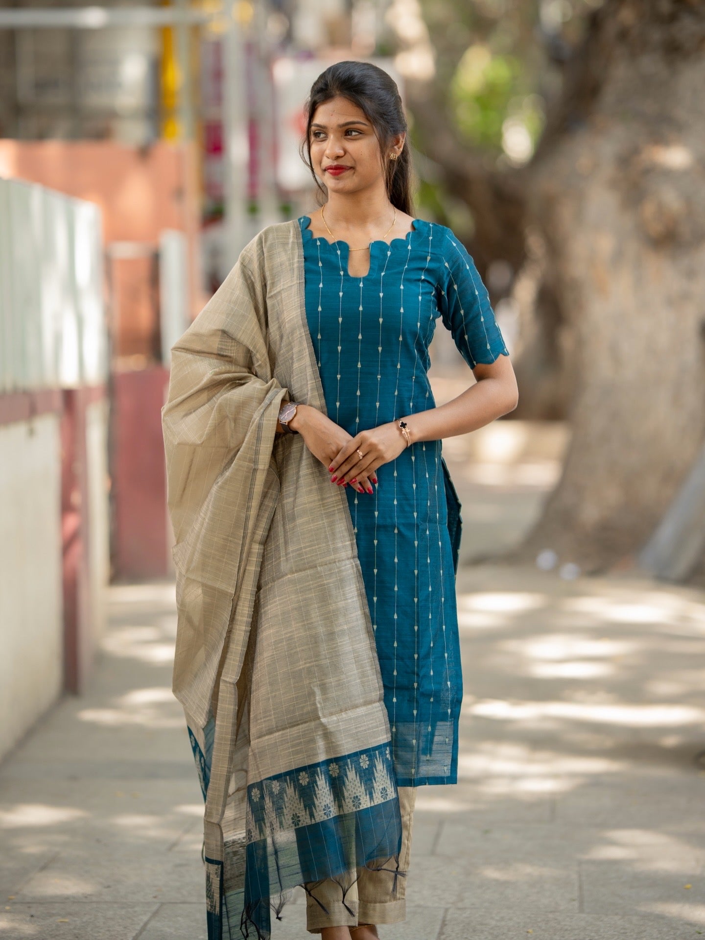 AC233 Teal Blue Raw Silk Kurti Set