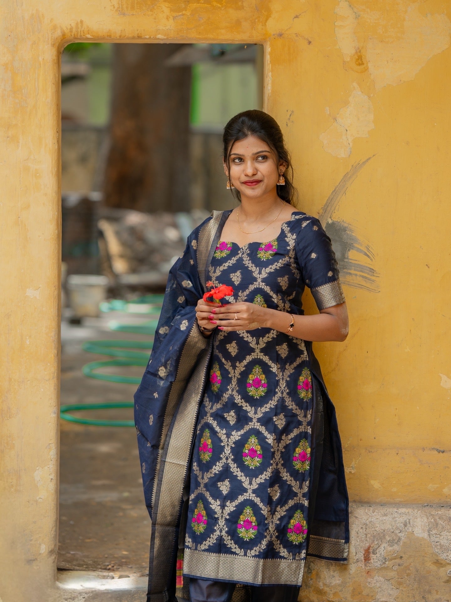 AC237 Navy Blue Banarasi Cotton Kurti set