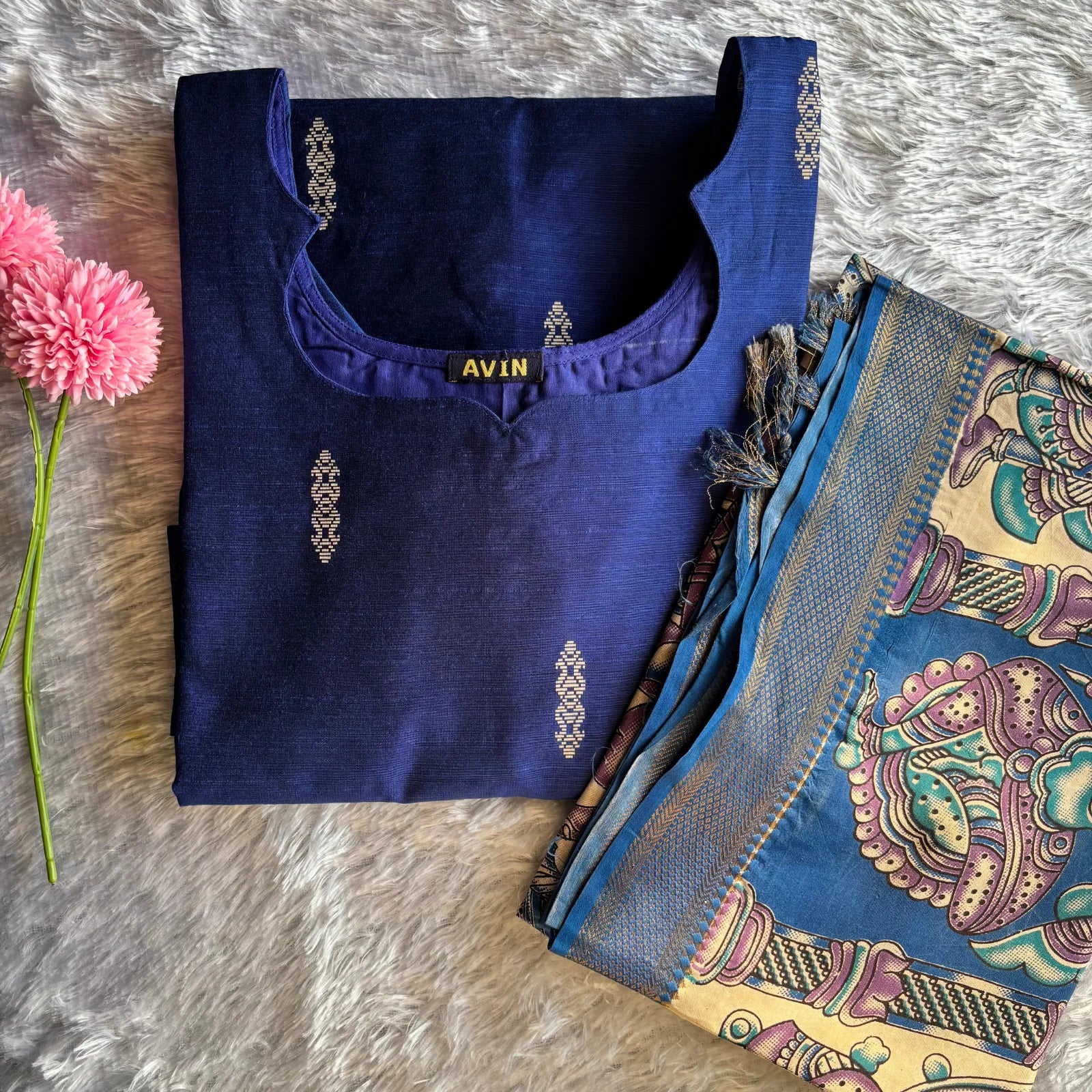 AC175 Raw Silk Kurti with Kalamkari Silk Dupatta