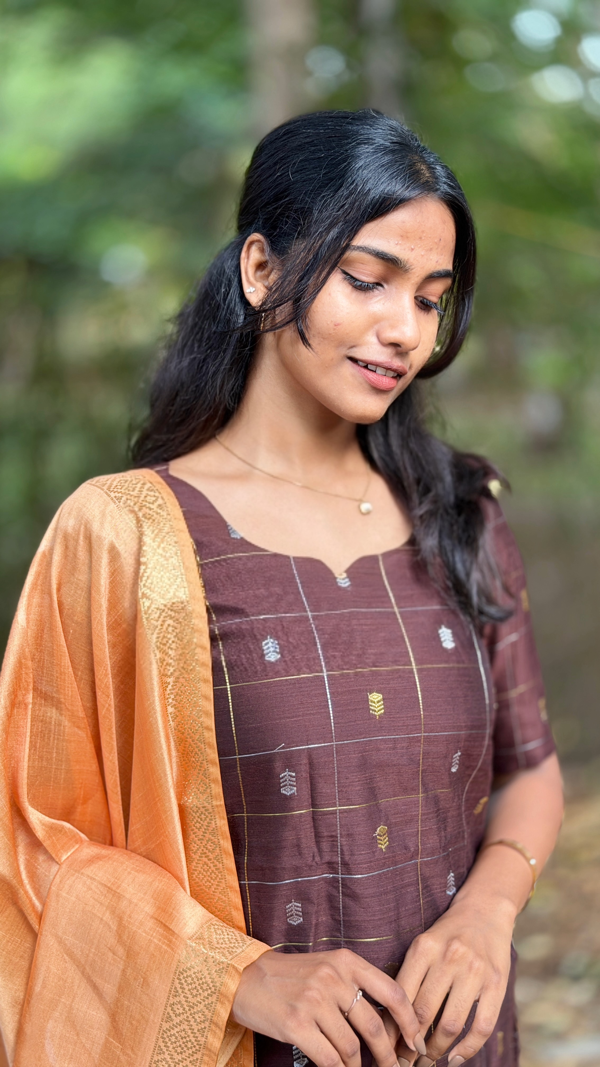 AC235 Coffee Brown Raw Silk kurti dupatta set