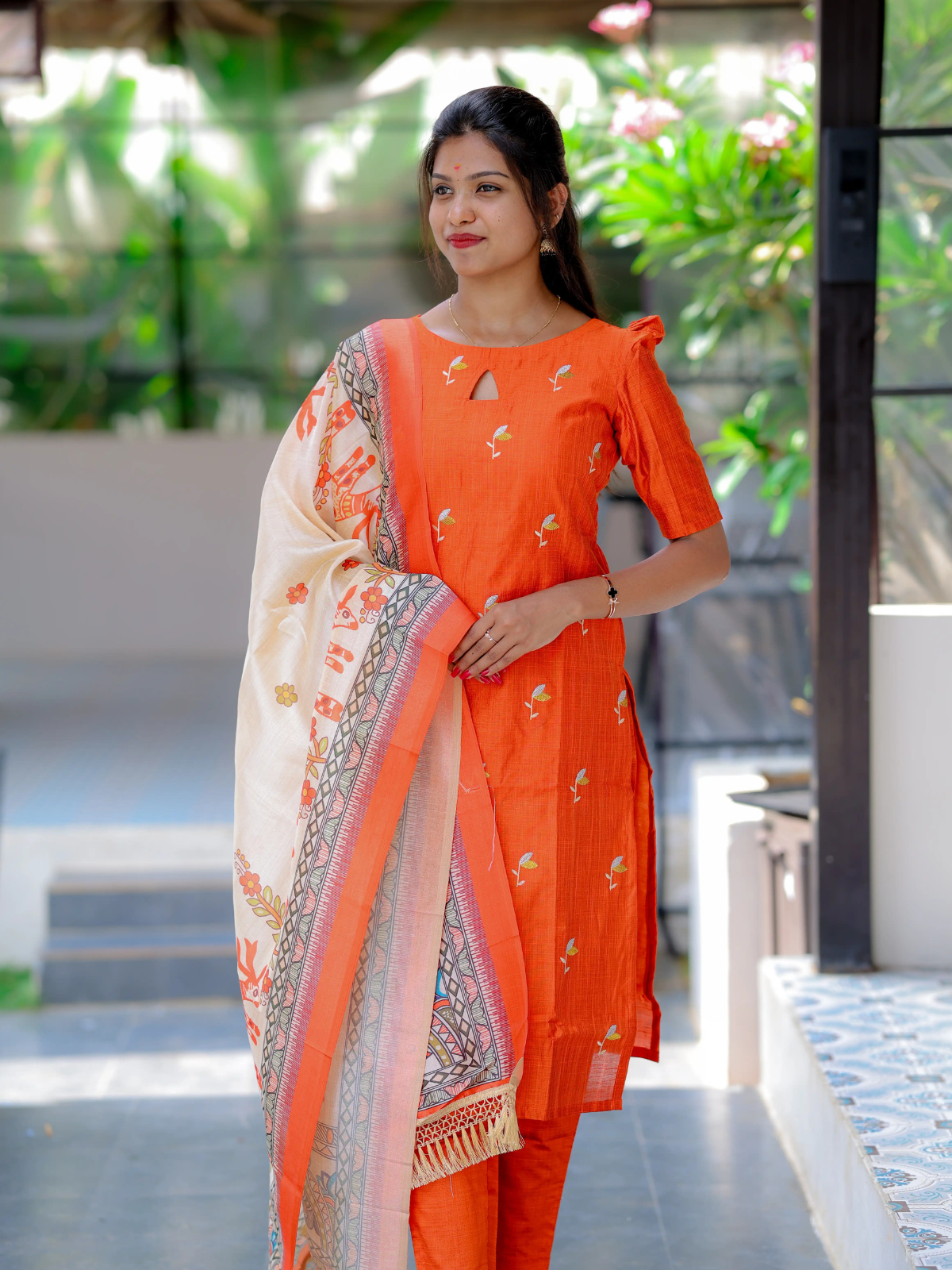 AC205 Rustic Orange Raw Silk Kurti Set