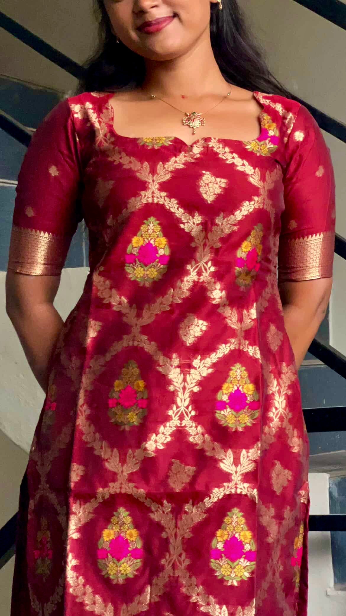 AC217 Maroon Banarasi Cotton Kurti Set