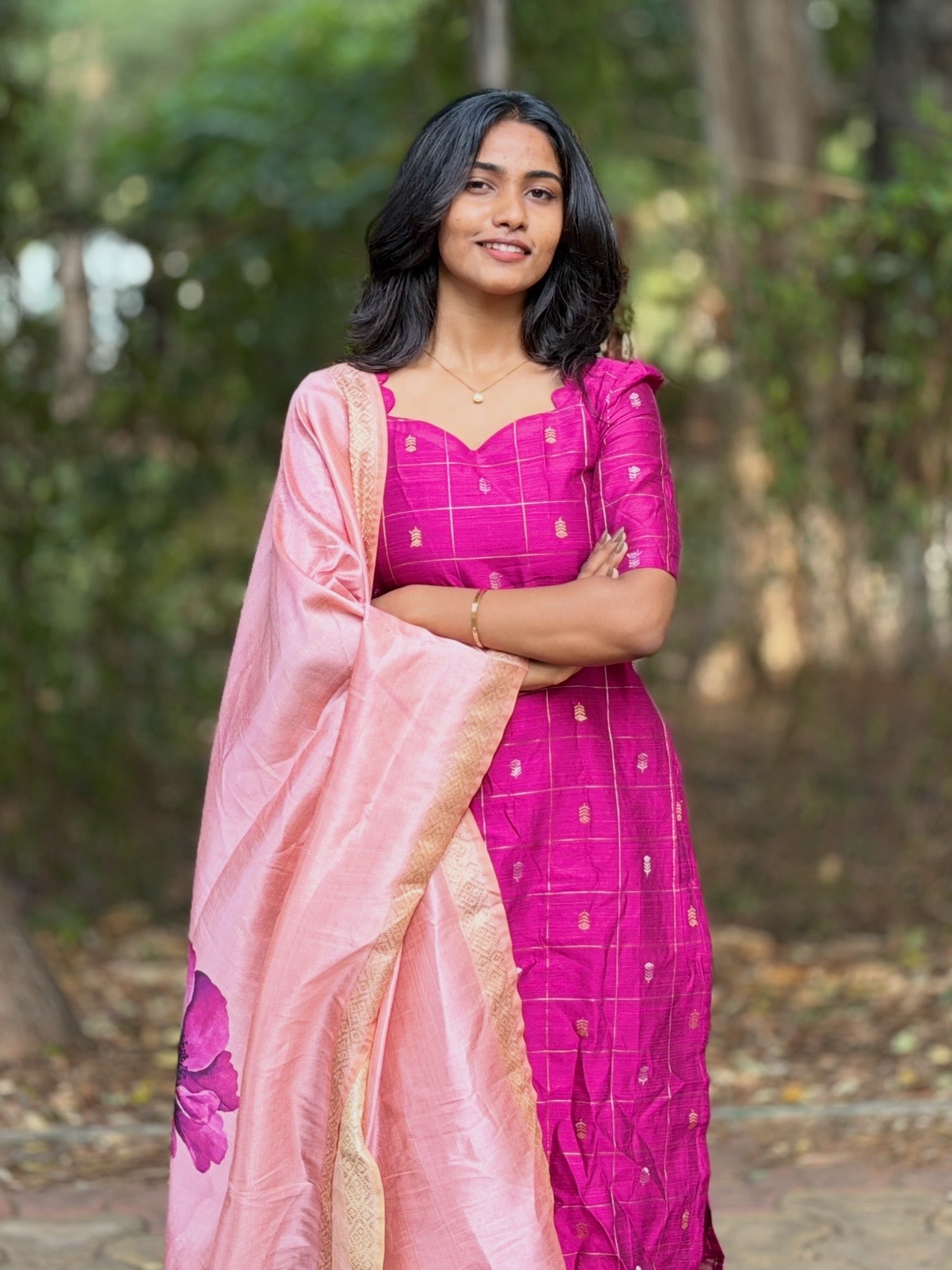 AC234 Magenta Pink Raw Silk kurti dupatta set
