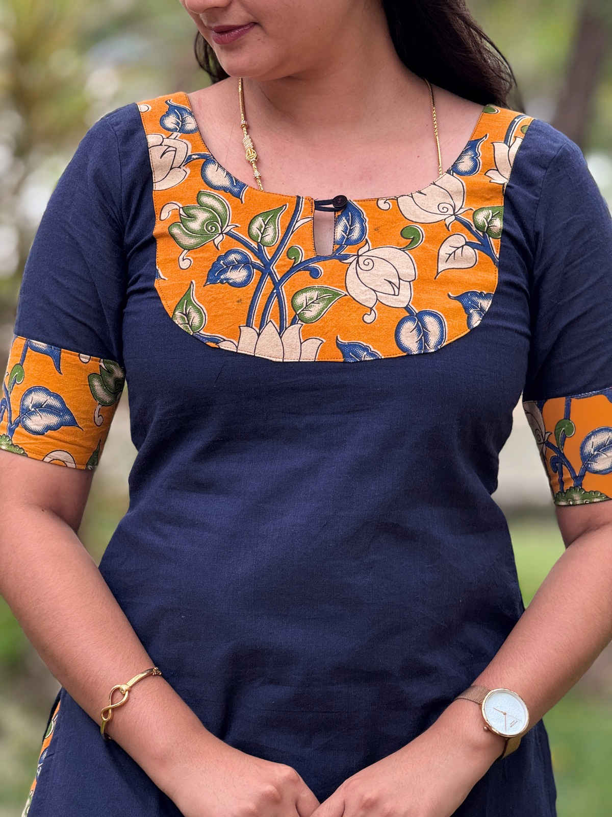AC219 Kalamkari Navy Blue Cotton Kurti Set