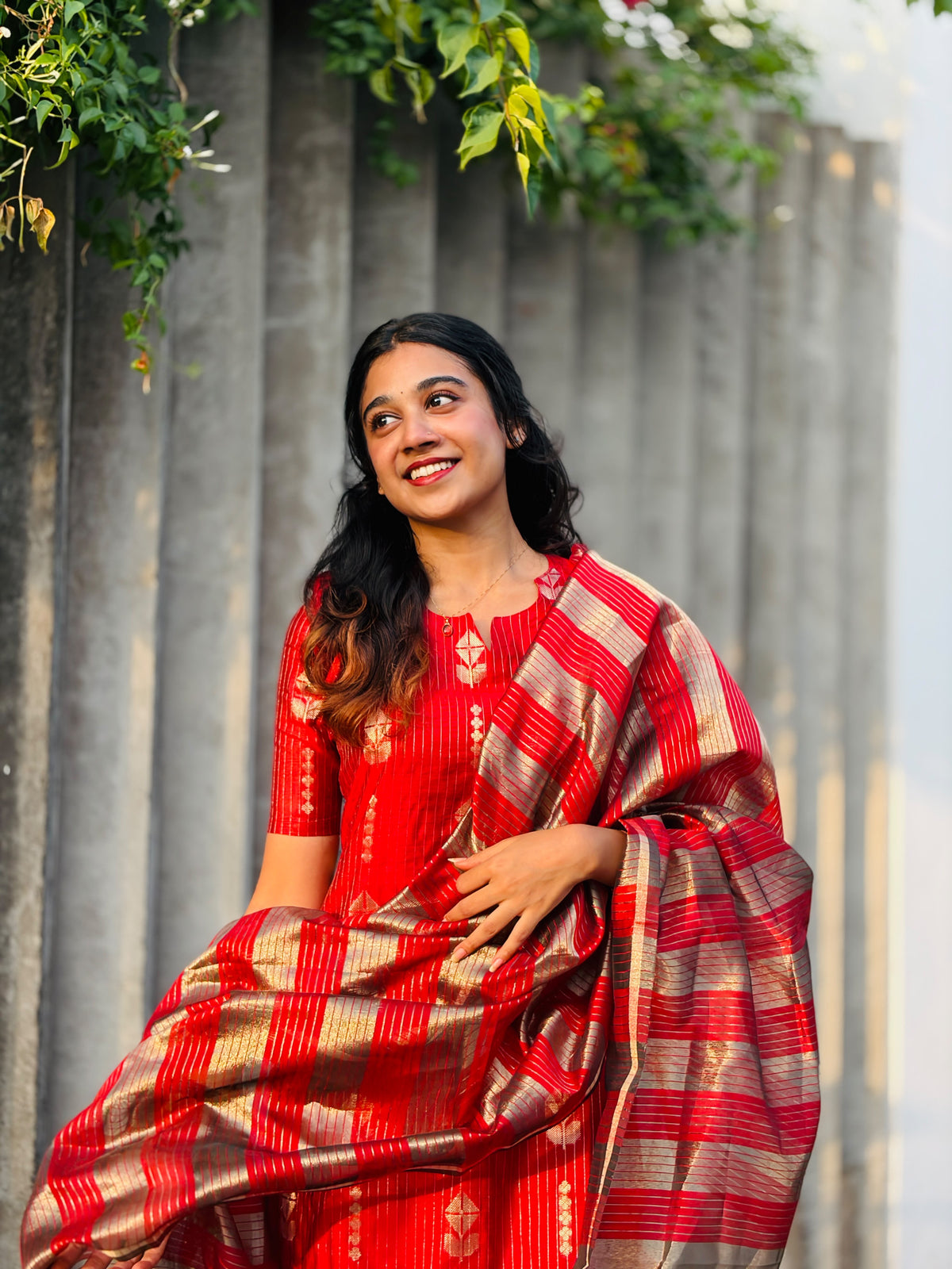 AC254 Red Banarasi Silk kurti dupatta set