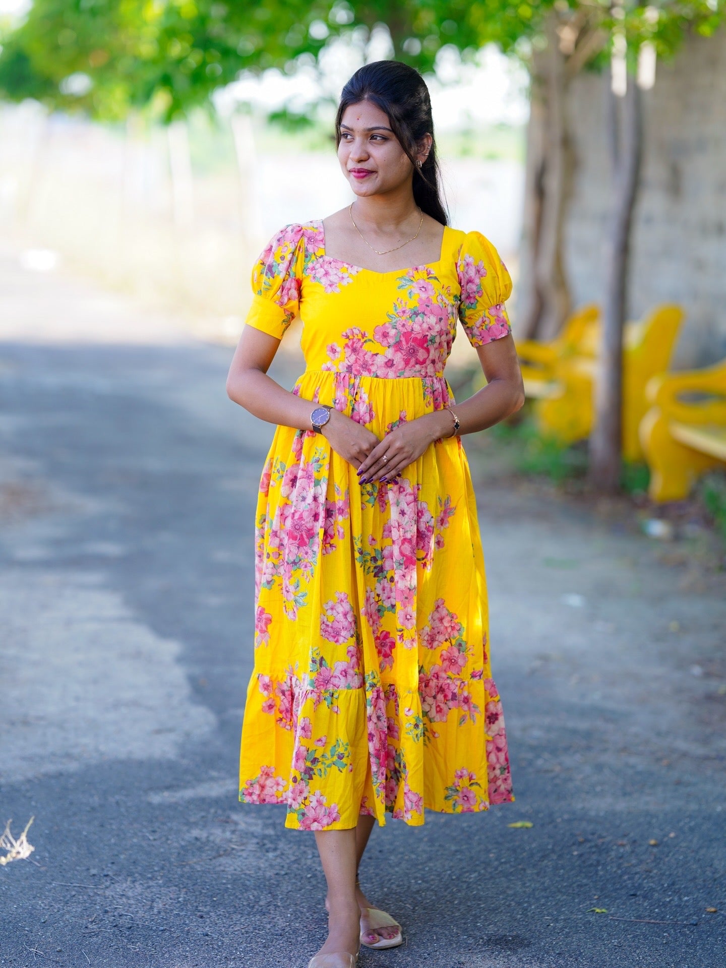 AC225 YELLOW COTTON FLORAL MAXI DRESS