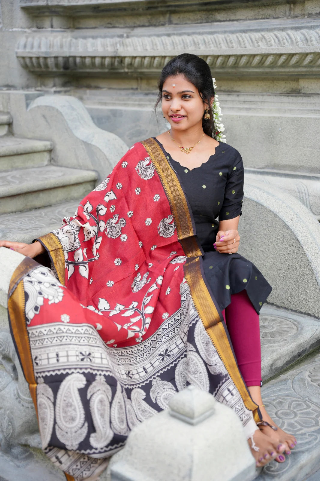 AC175 Raw Silk Kurti with Kalamkari Silk Dupatta
