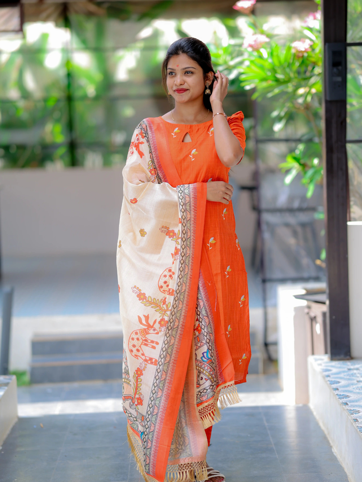 AC205 Rustic Orange Raw Silk Kurti Set