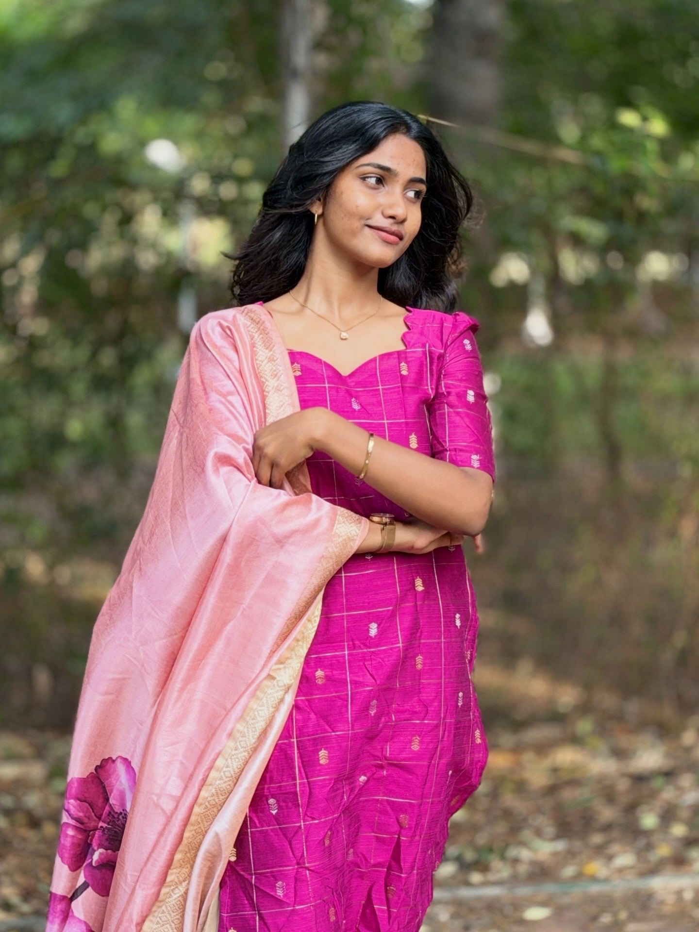 AC234 Magenta Pink Raw Silk kurti dupatta set