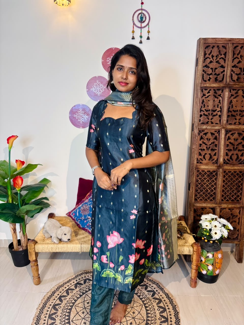 AC245 Semi Tussar Silk zari Butta Set