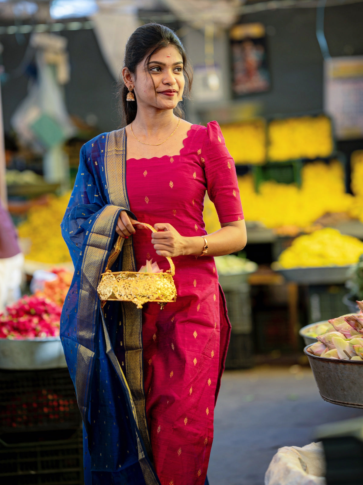 DS01 Rani pink Raw Silk kurti dupatta set