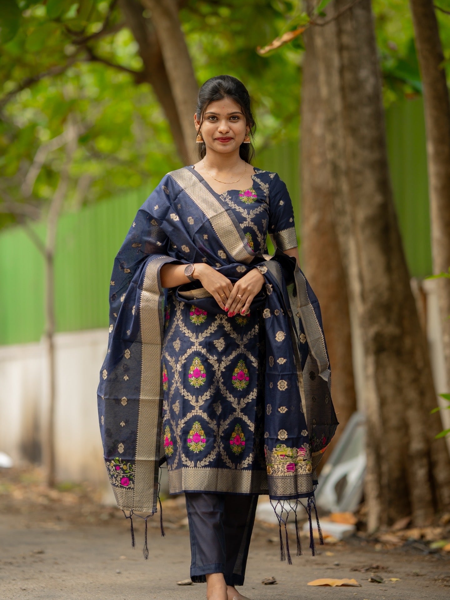 AC237 Navy Blue Banarasi Cotton Kurti set