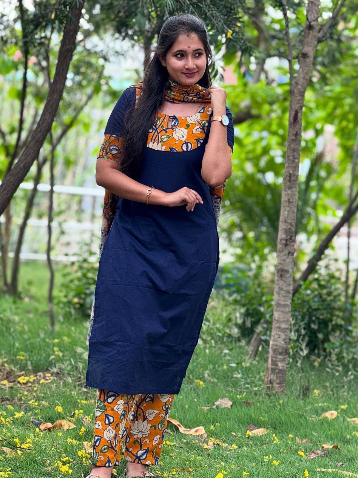 AC219 Kalamkari Navy Blue Cotton Kurti Set