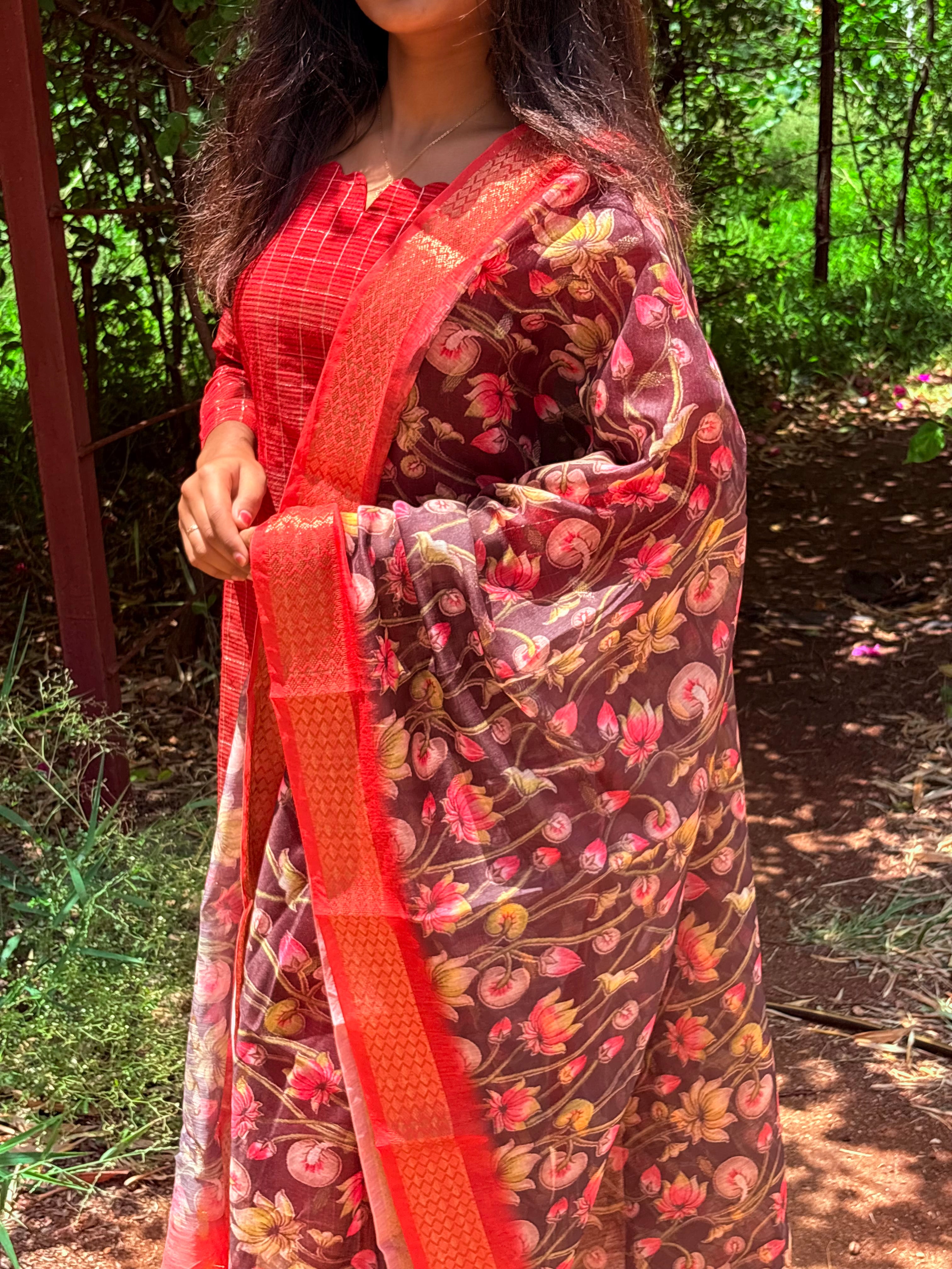 AC231 Tomato Red Raw Silk dupatta set