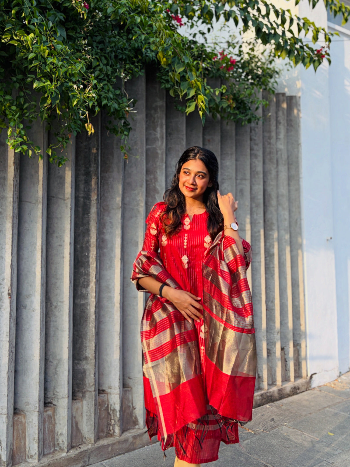 AC254 Red Banarasi Silk kurti dupatta set