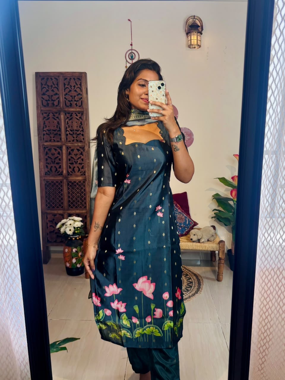 AC245 Semi Tussar Silk zari Butta Set