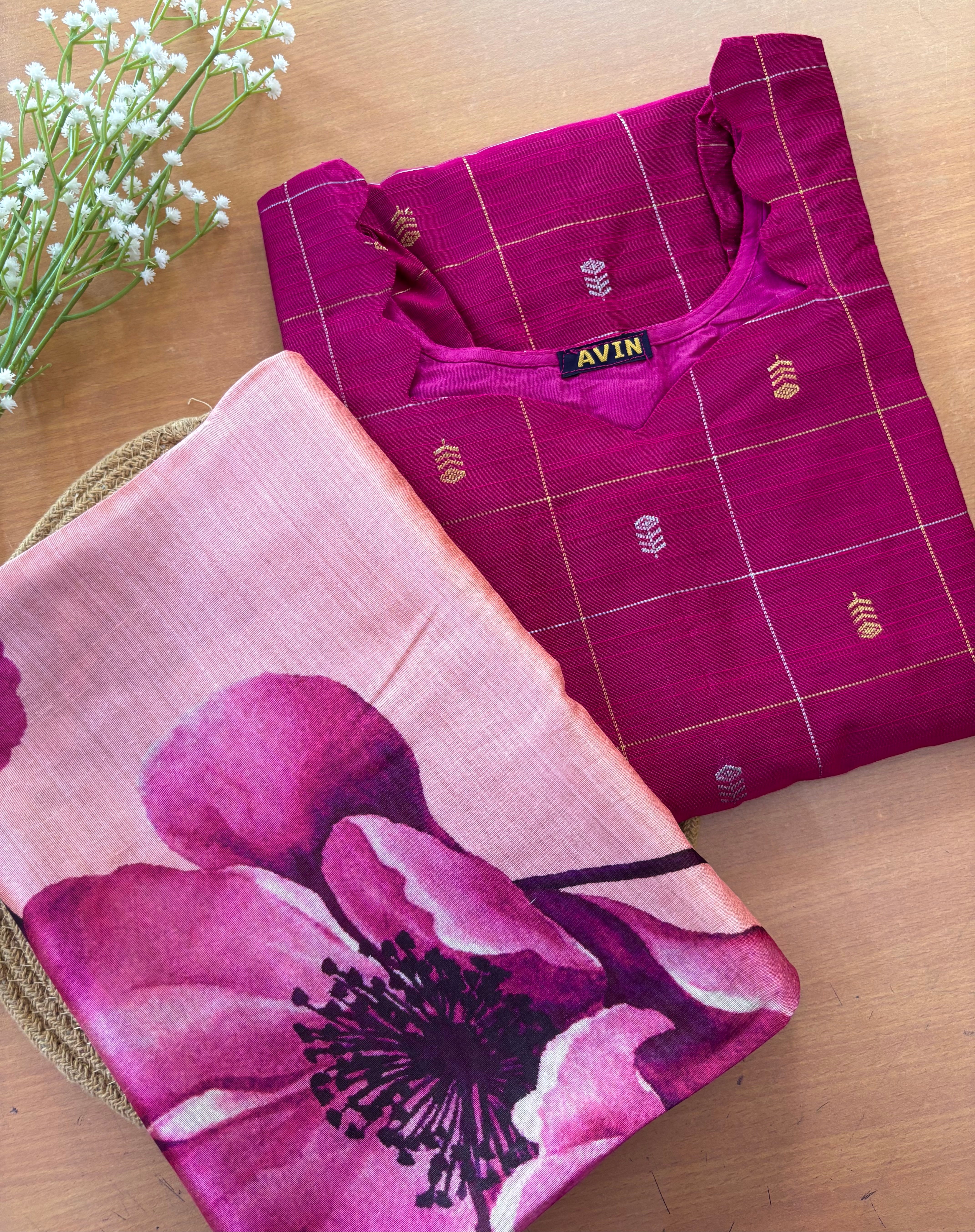 AC234 Magenta Pink Raw Silk kurti dupatta set