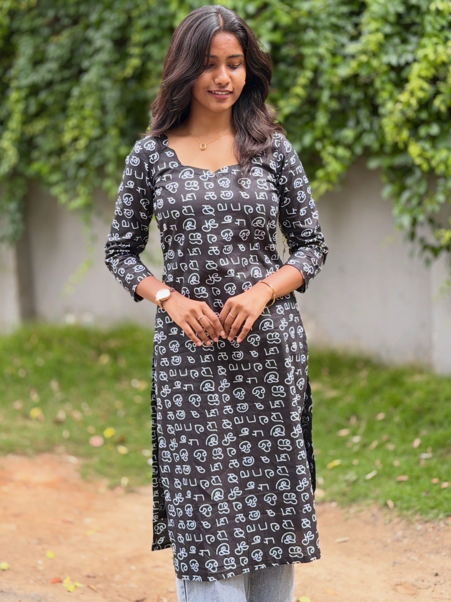 AC224 Tamil Font Black cotton Kurti