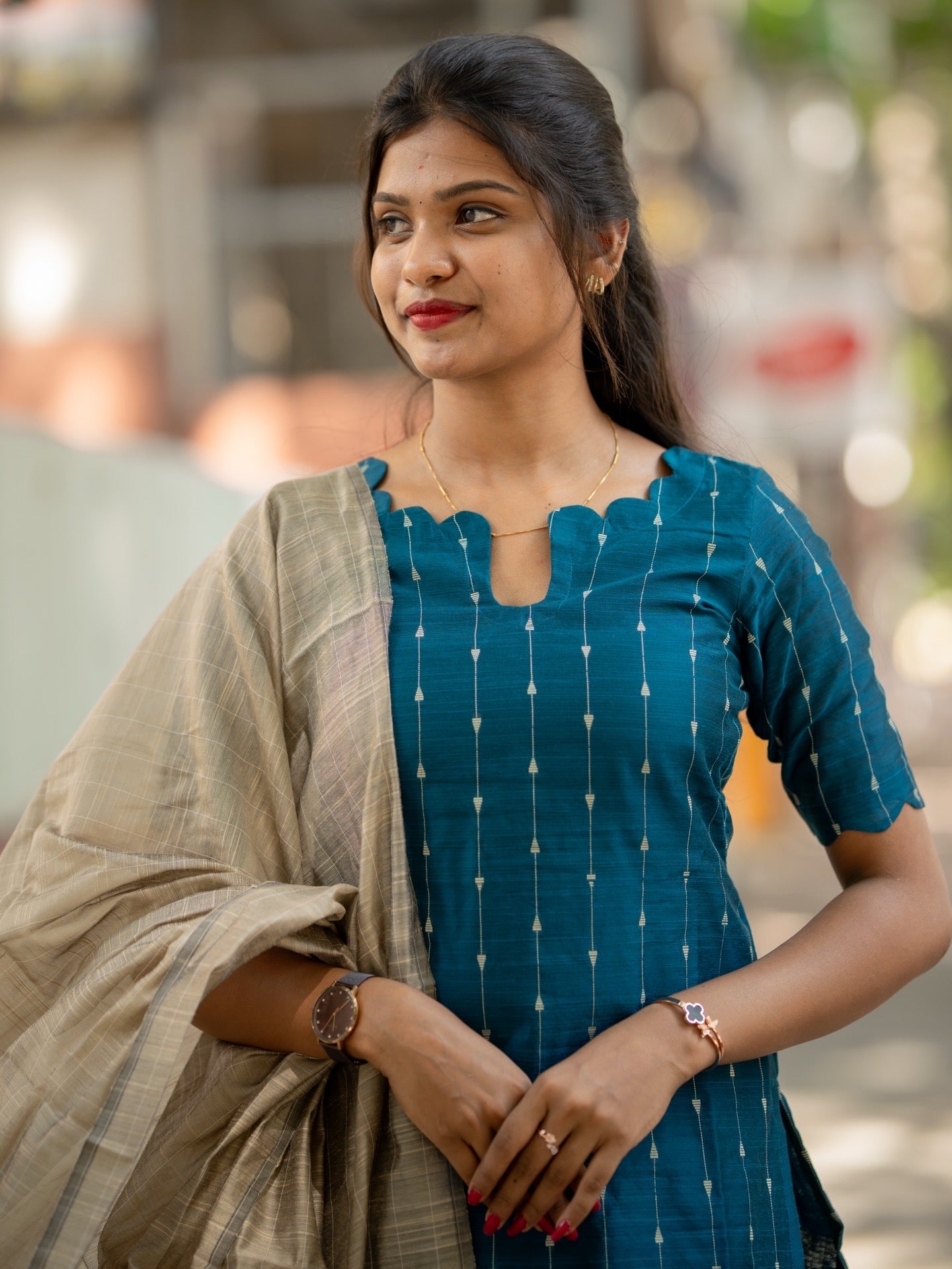 AC233 Teal Blue Raw Silk Kurti Set