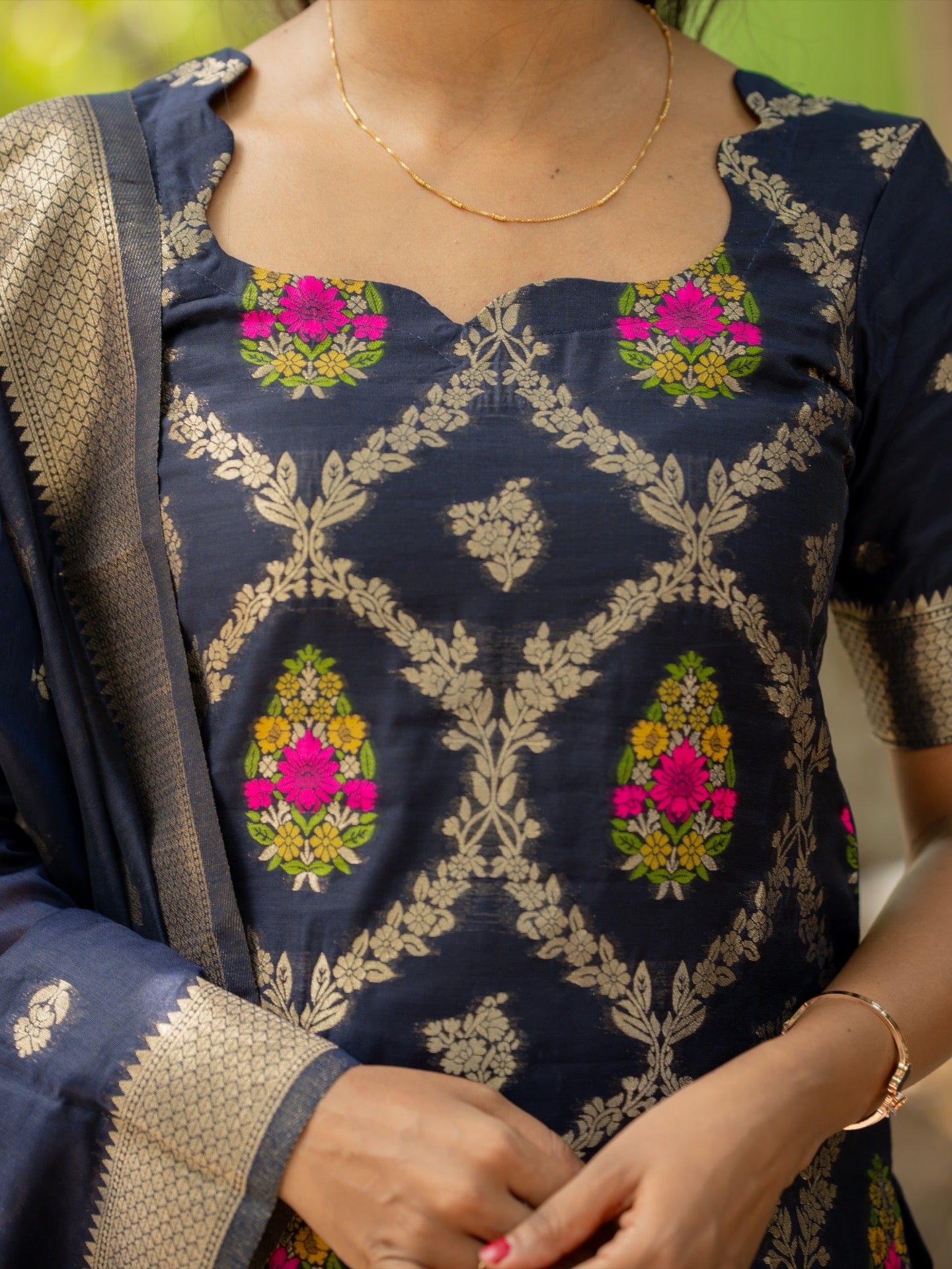 AC237 Navy Blue Banarasi Cotton Kurti set