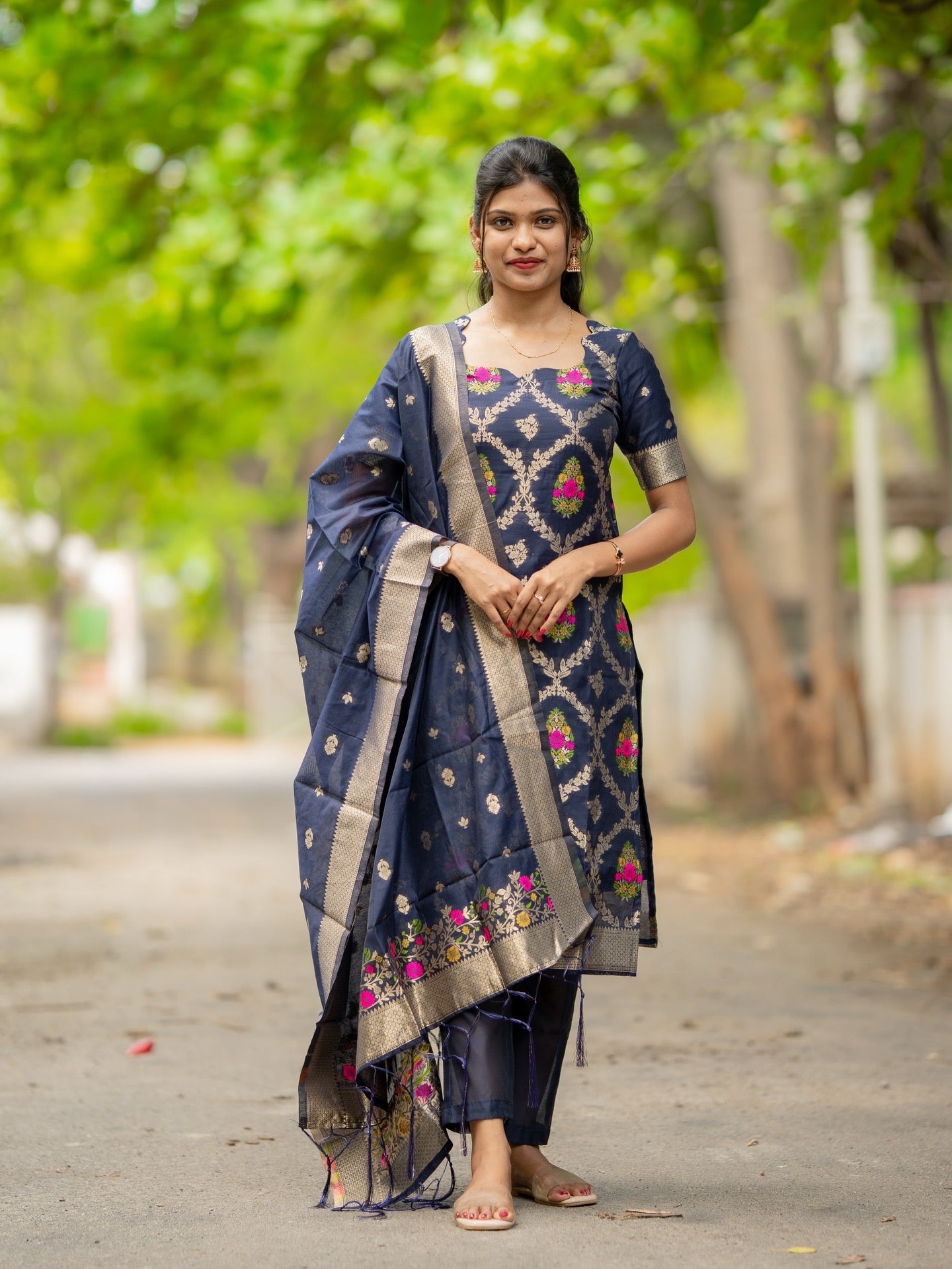 AC237 Navy Blue Banarasi Cotton Kurti set