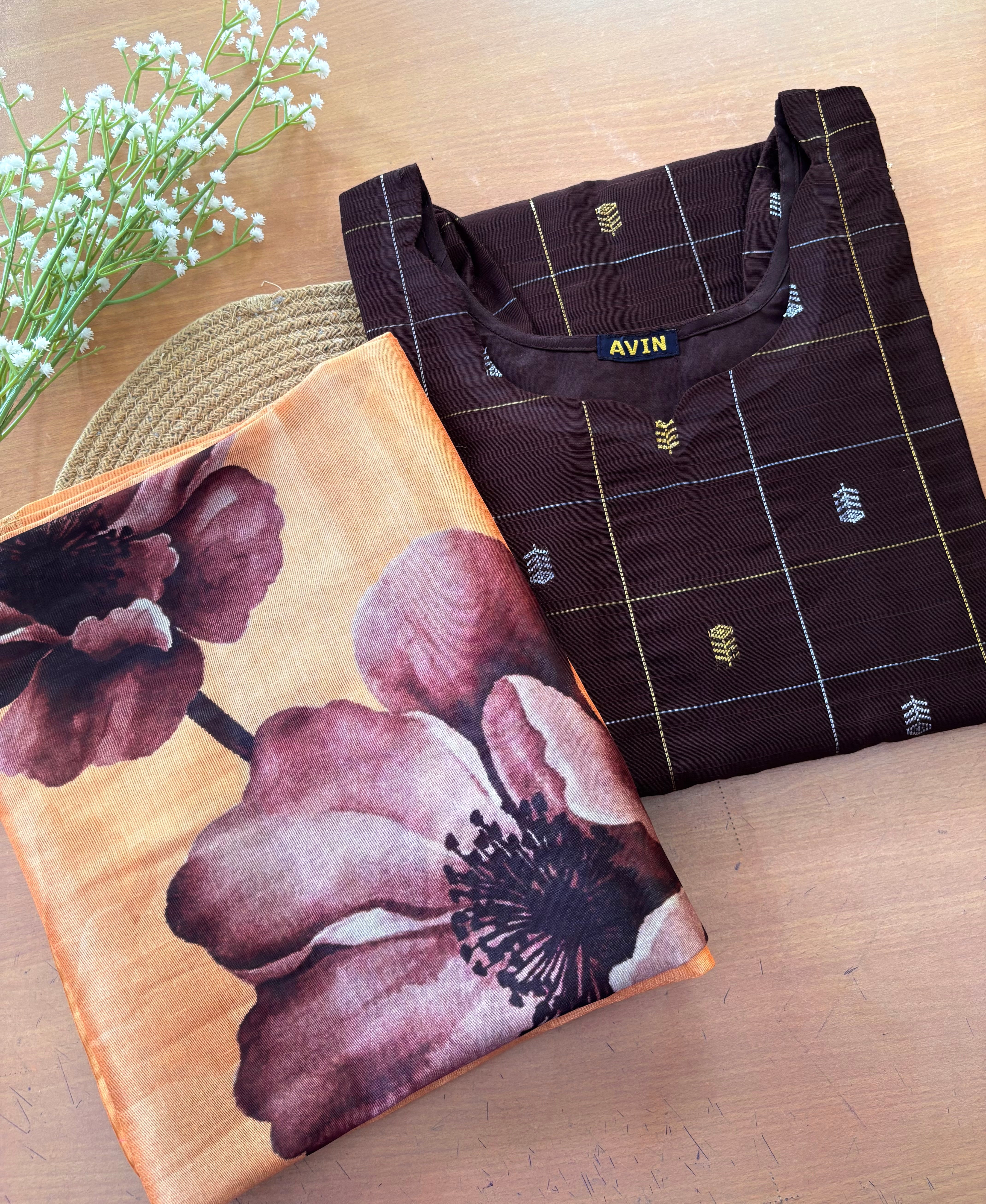 AC235 Coffee Brown Raw Silk kurti dupatta set