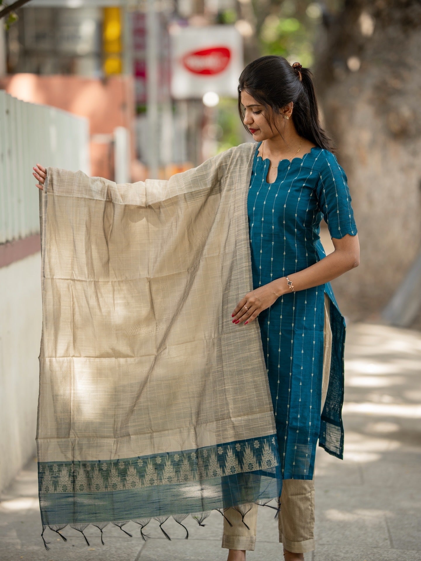 AC233 Teal Blue Raw Silk Kurti Set