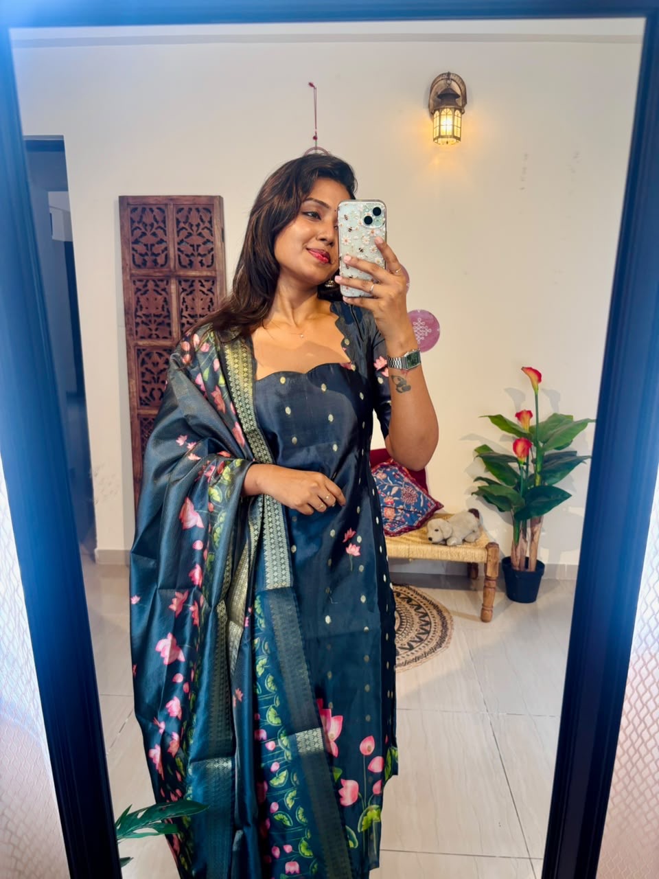 AC245 Semi Tussar Silk zari Butta Set