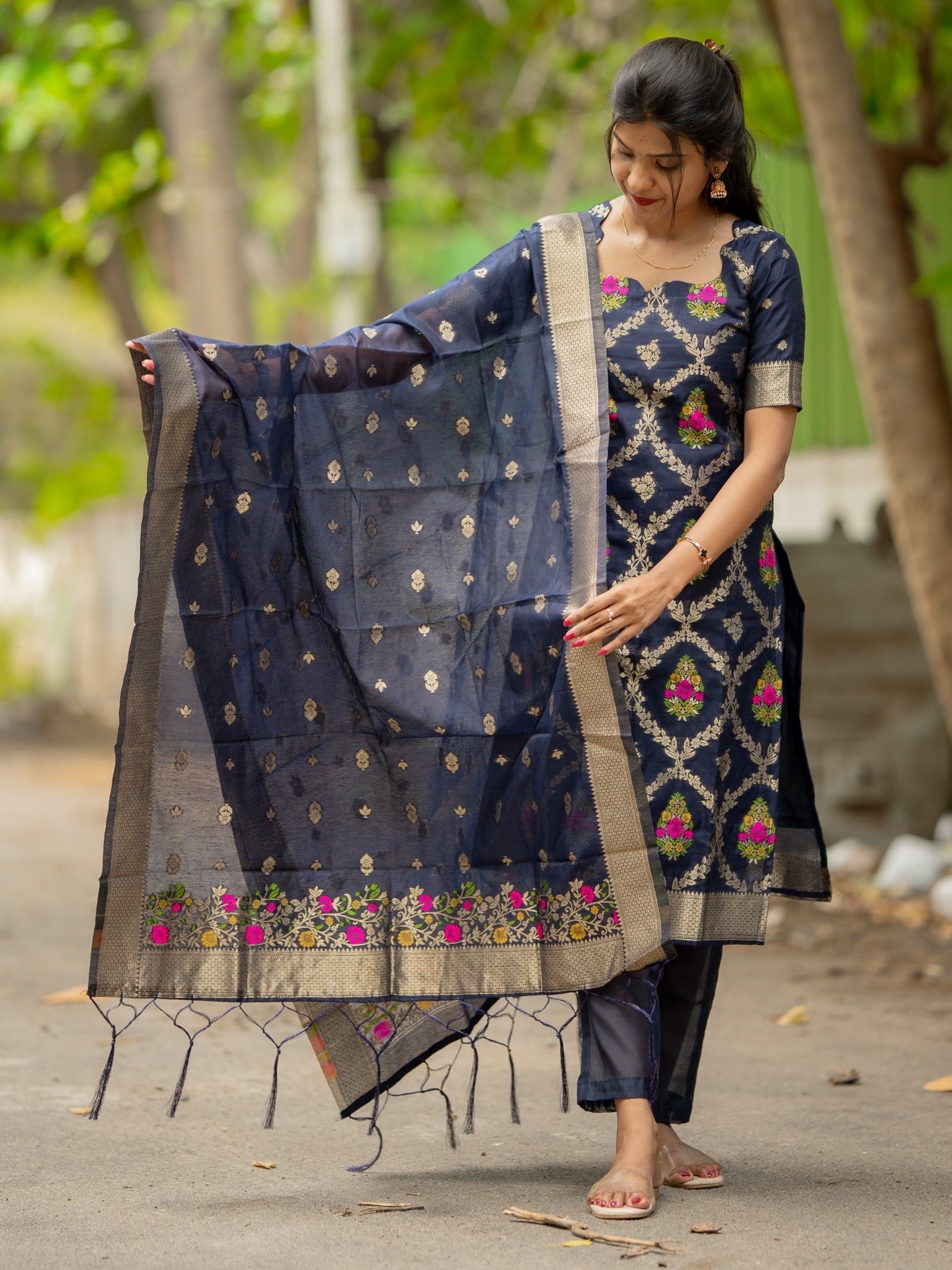 AC237 Navy Blue Banarasi Cotton Kurti set