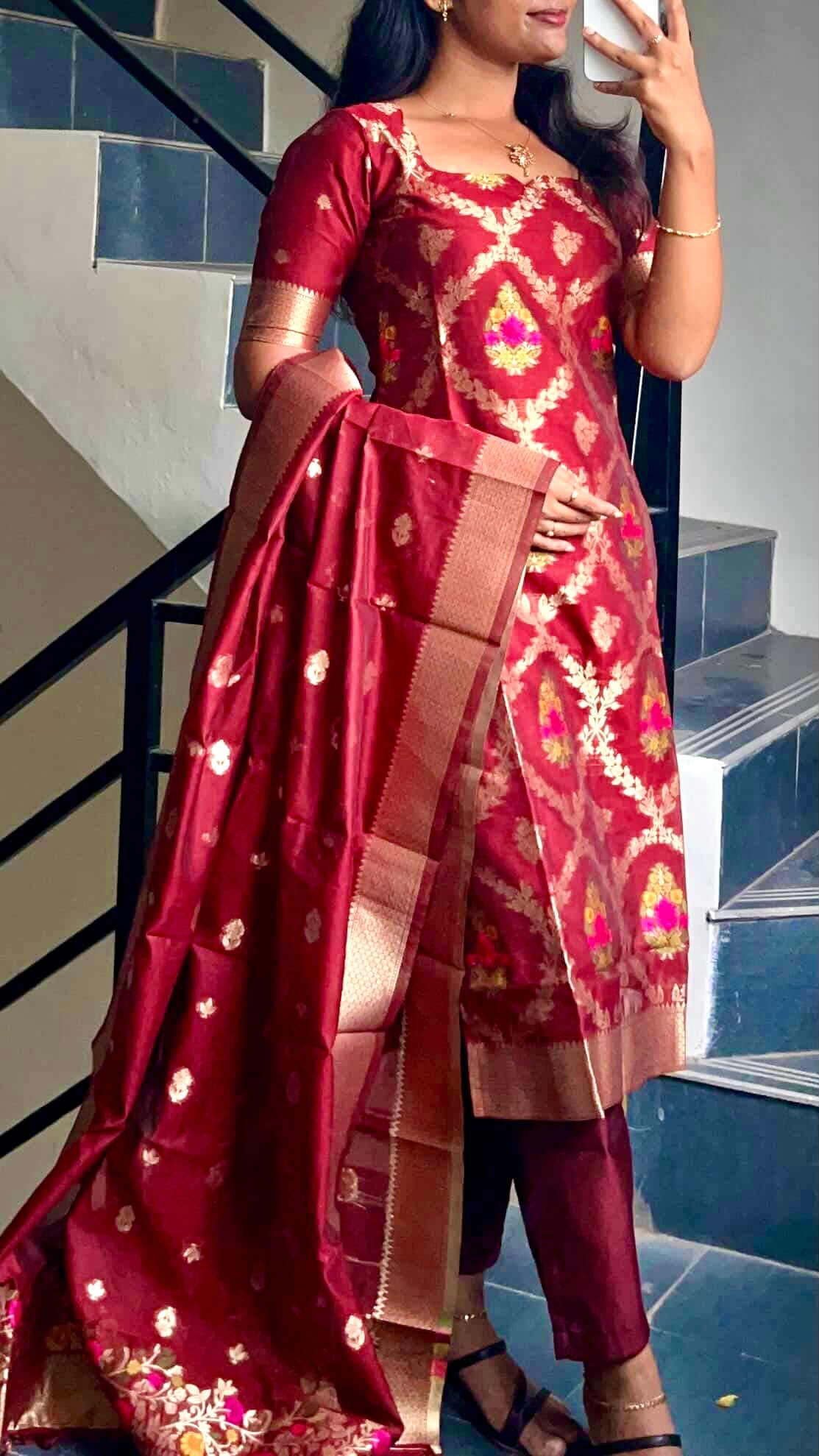 AC217 Maroon Banarasi Cotton Kurti Set