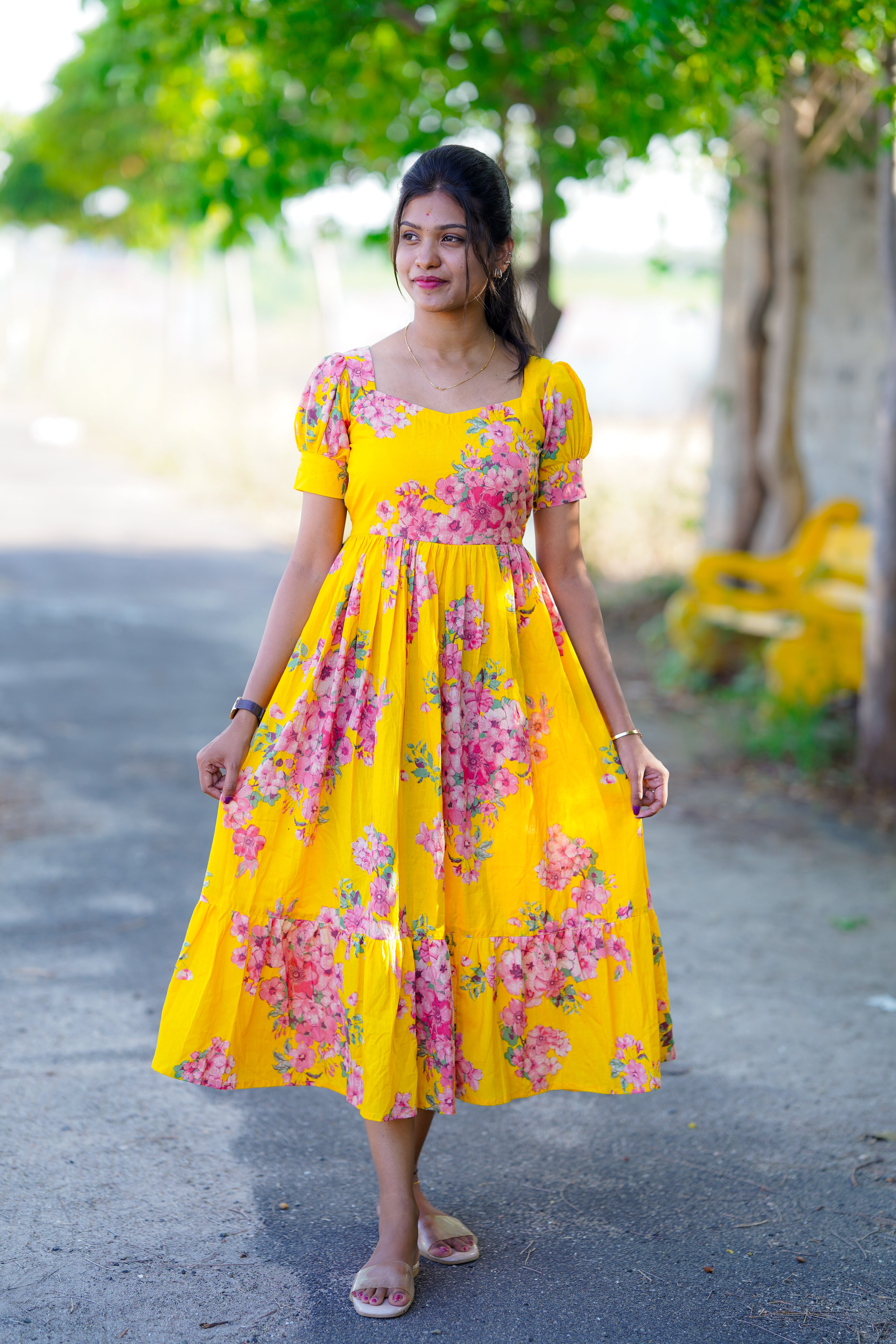 AC225 YELLOW COTTON FLORAL MAXI DRESS