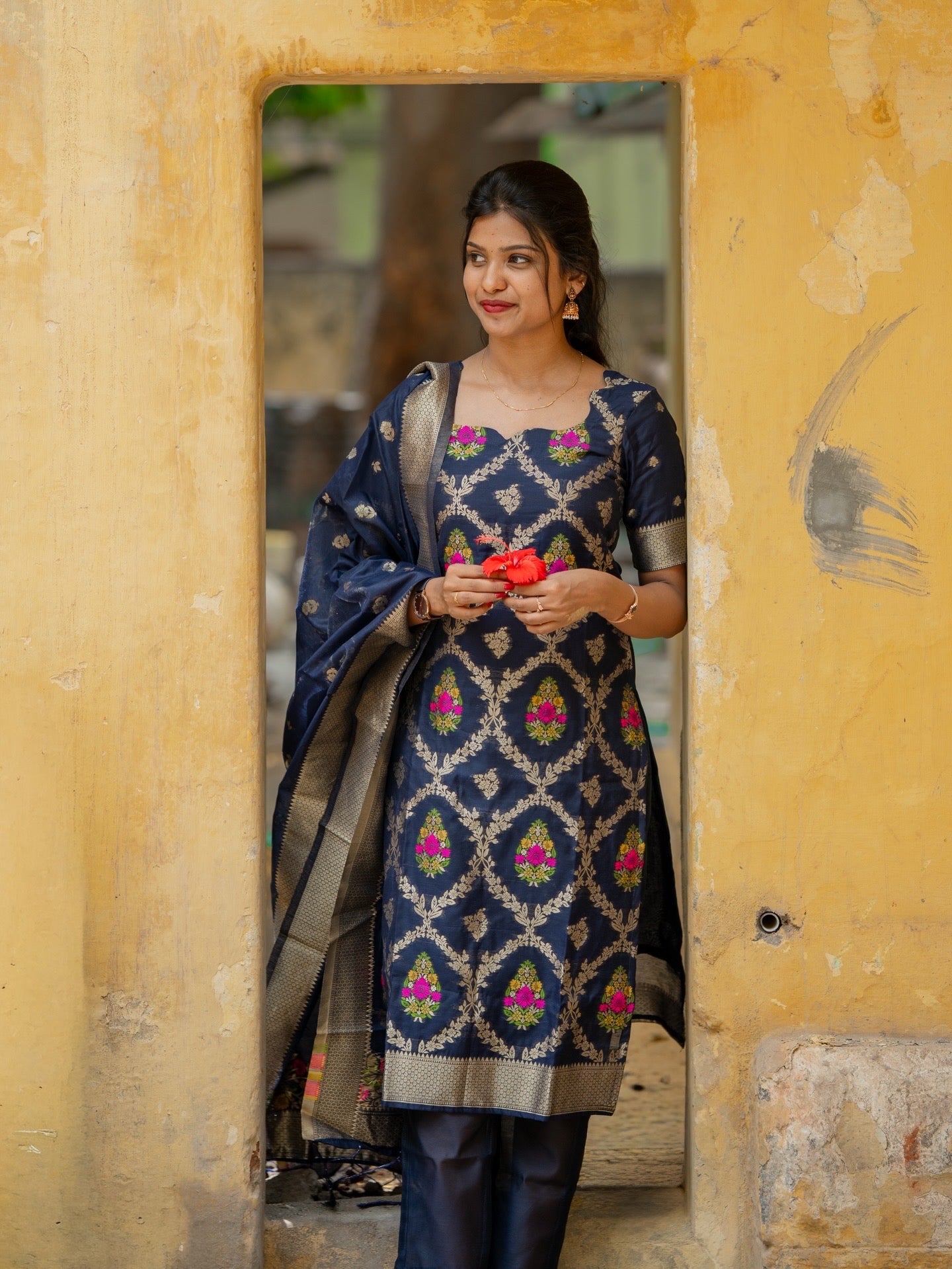 AC237 Navy Blue Banarasi Cotton Kurti set