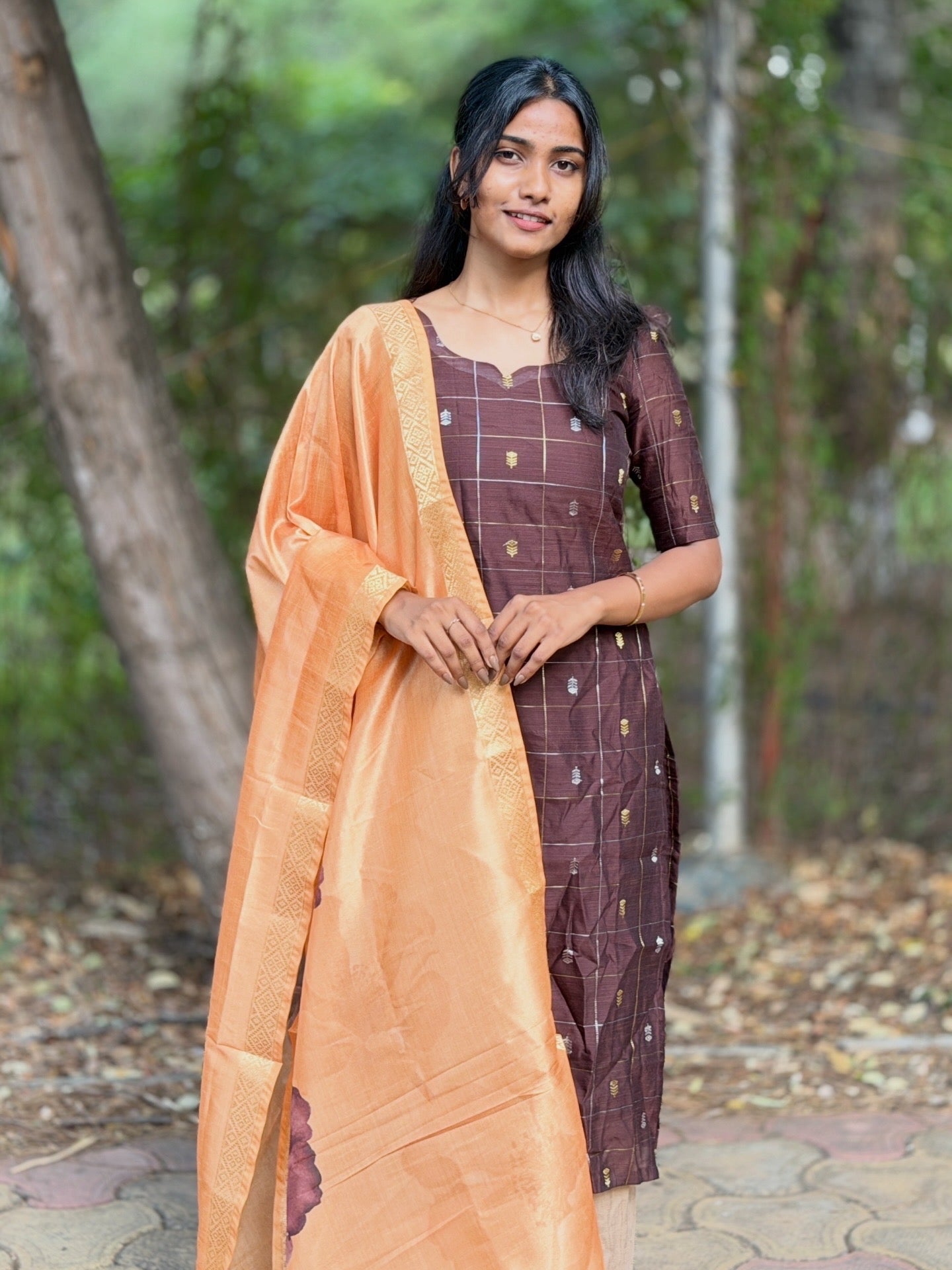 AC235 Coffee Brown Raw Silk kurti dupatta set