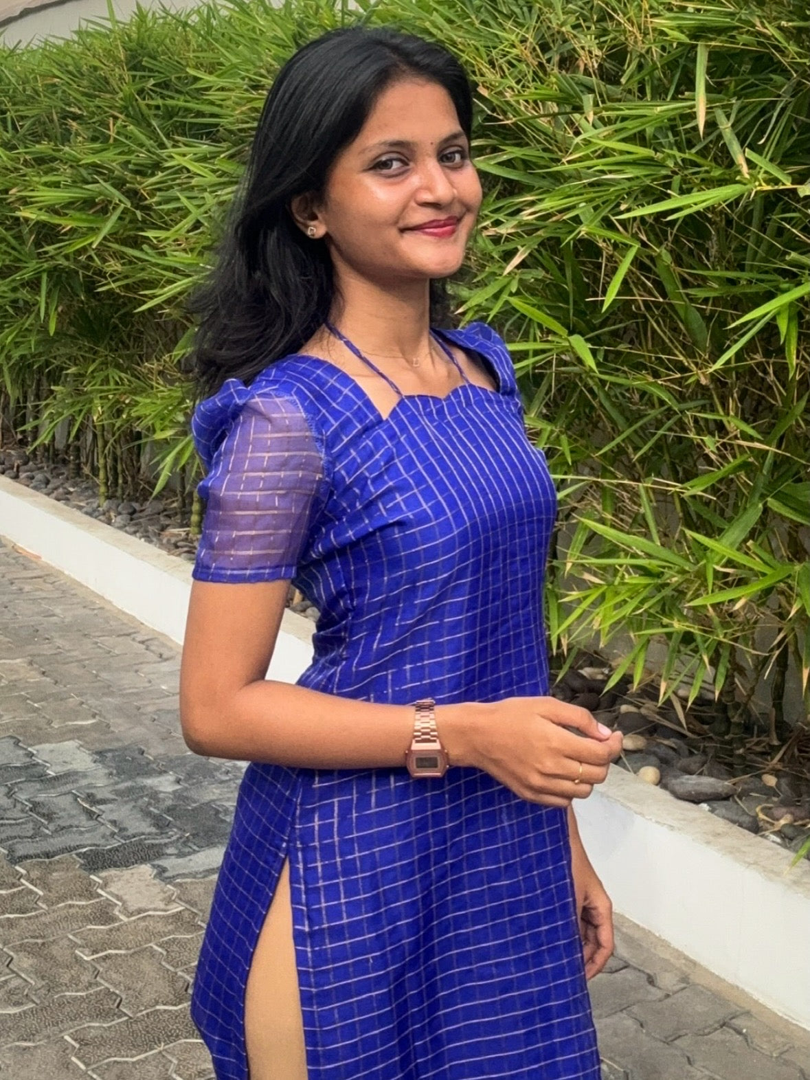 AC229 Royal Blue Organza Checks Kurti