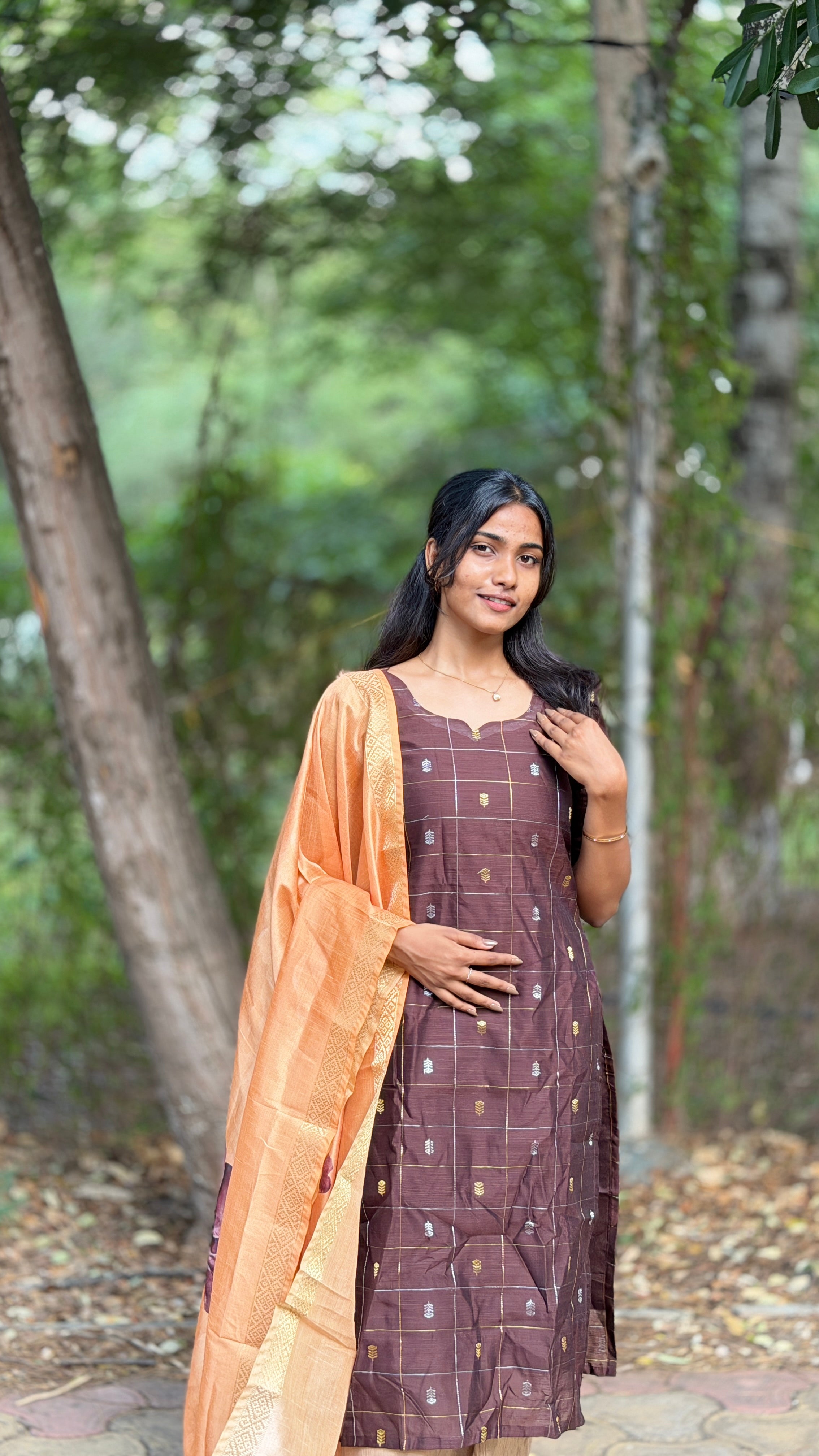 AC235 Coffee Brown Raw Silk kurti dupatta set