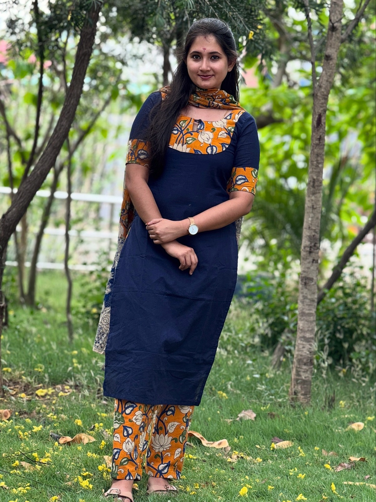 AC219 Kalamkari Navy Blue Cotton Kurti Set
