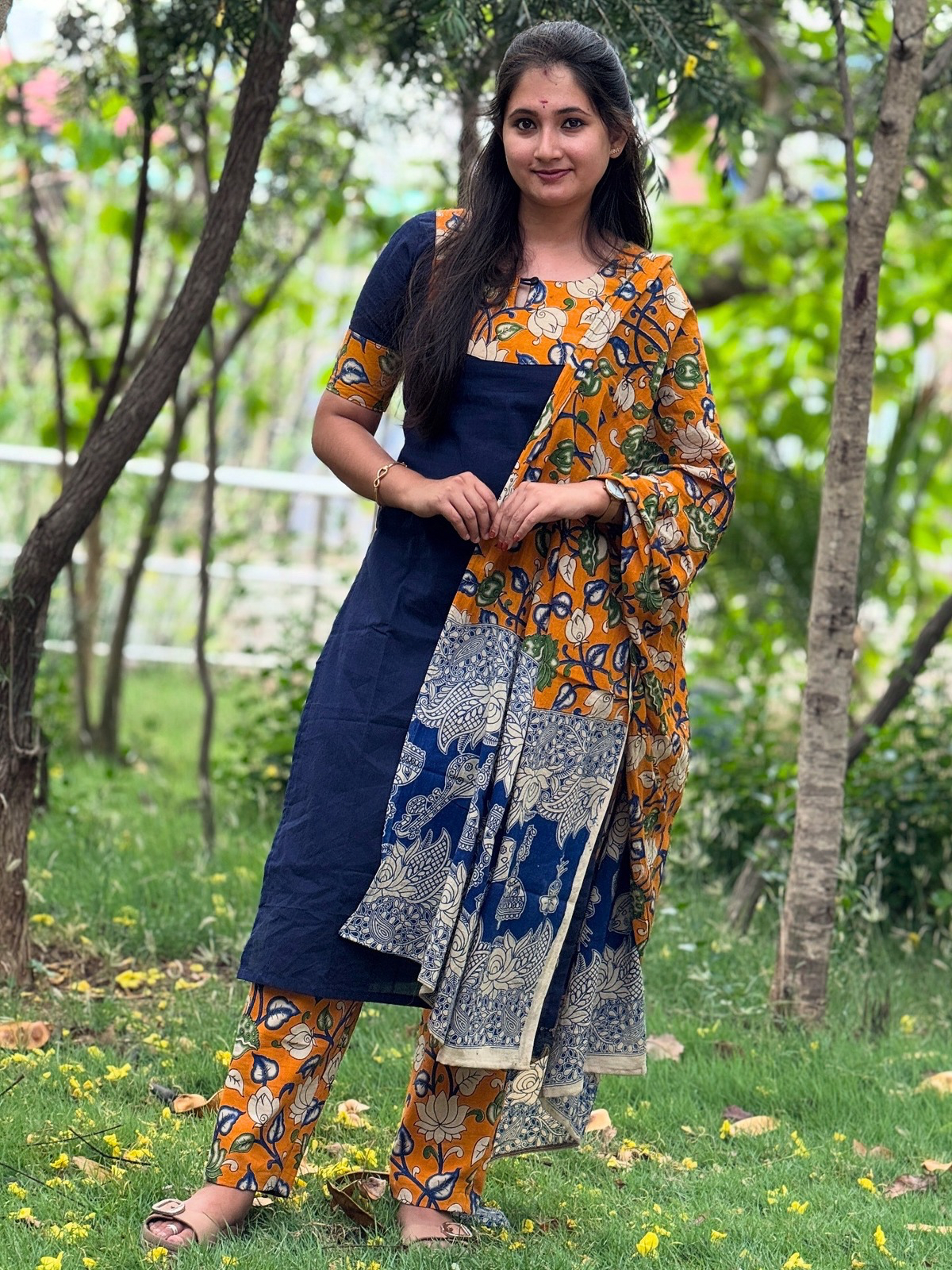 AC219 Kalamkari Navy Blue Cotton Kurti Set