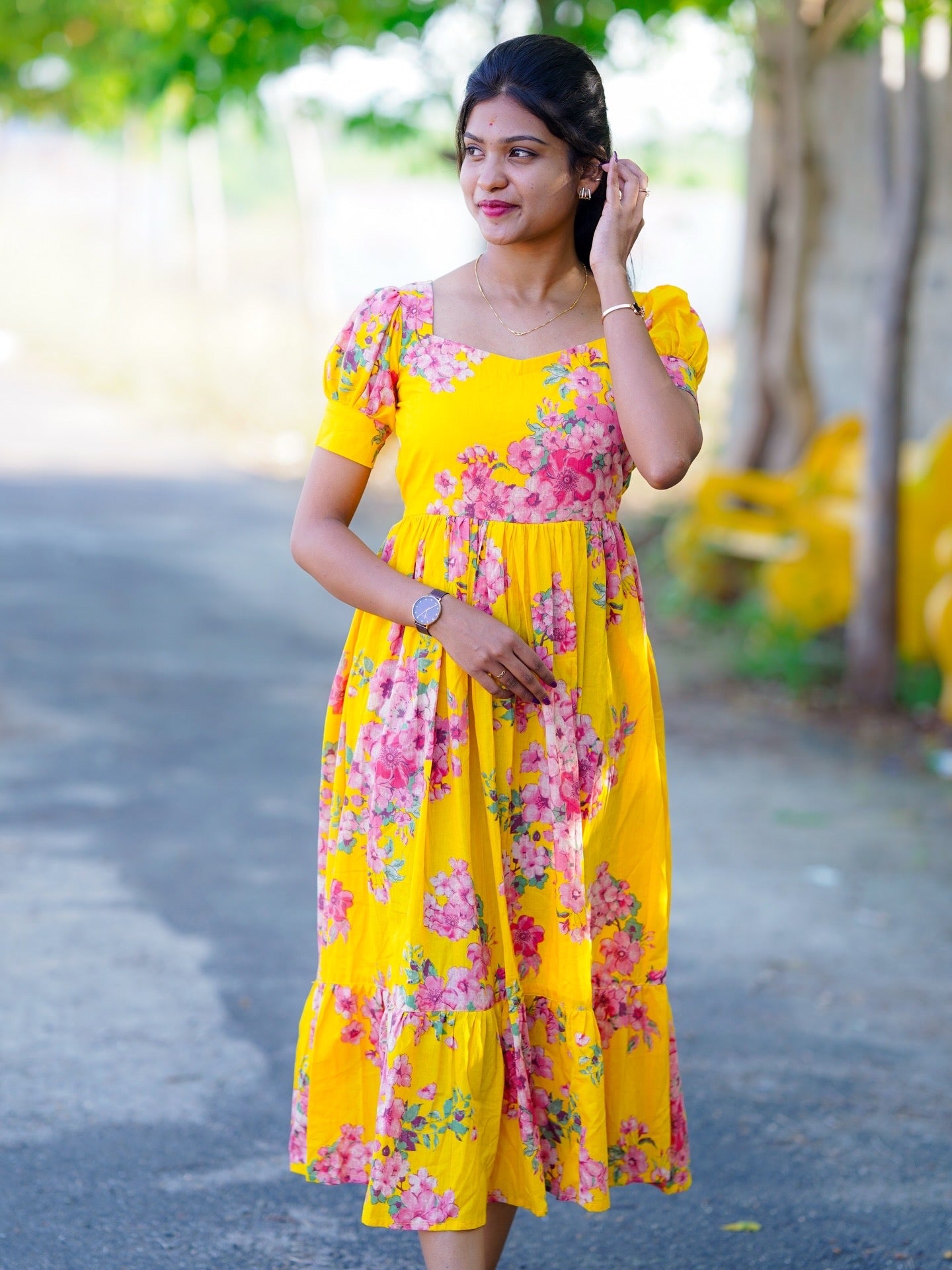 AC225 YELLOW COTTON FLORAL MAXI DRESS