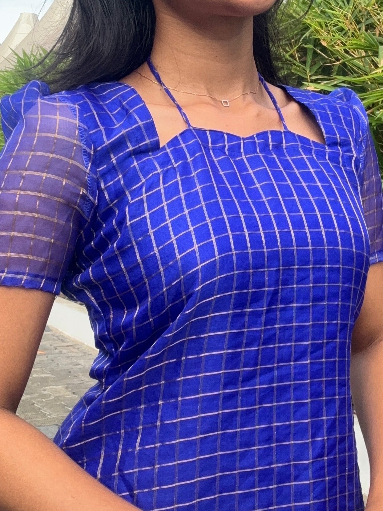 AC229 Royal Blue Organza Checks Kurti