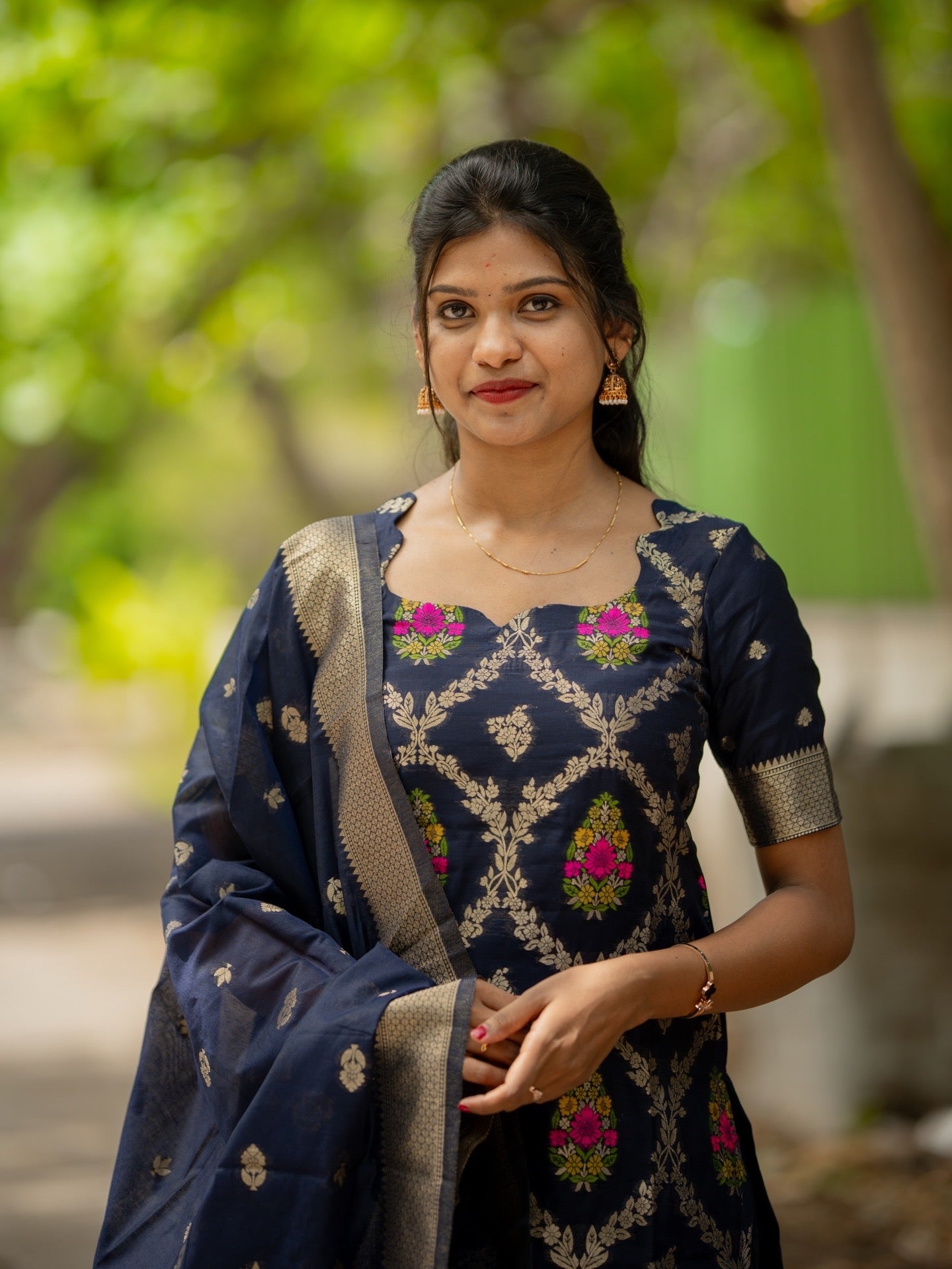 AC237 Navy Blue Banarasi Cotton Kurti set