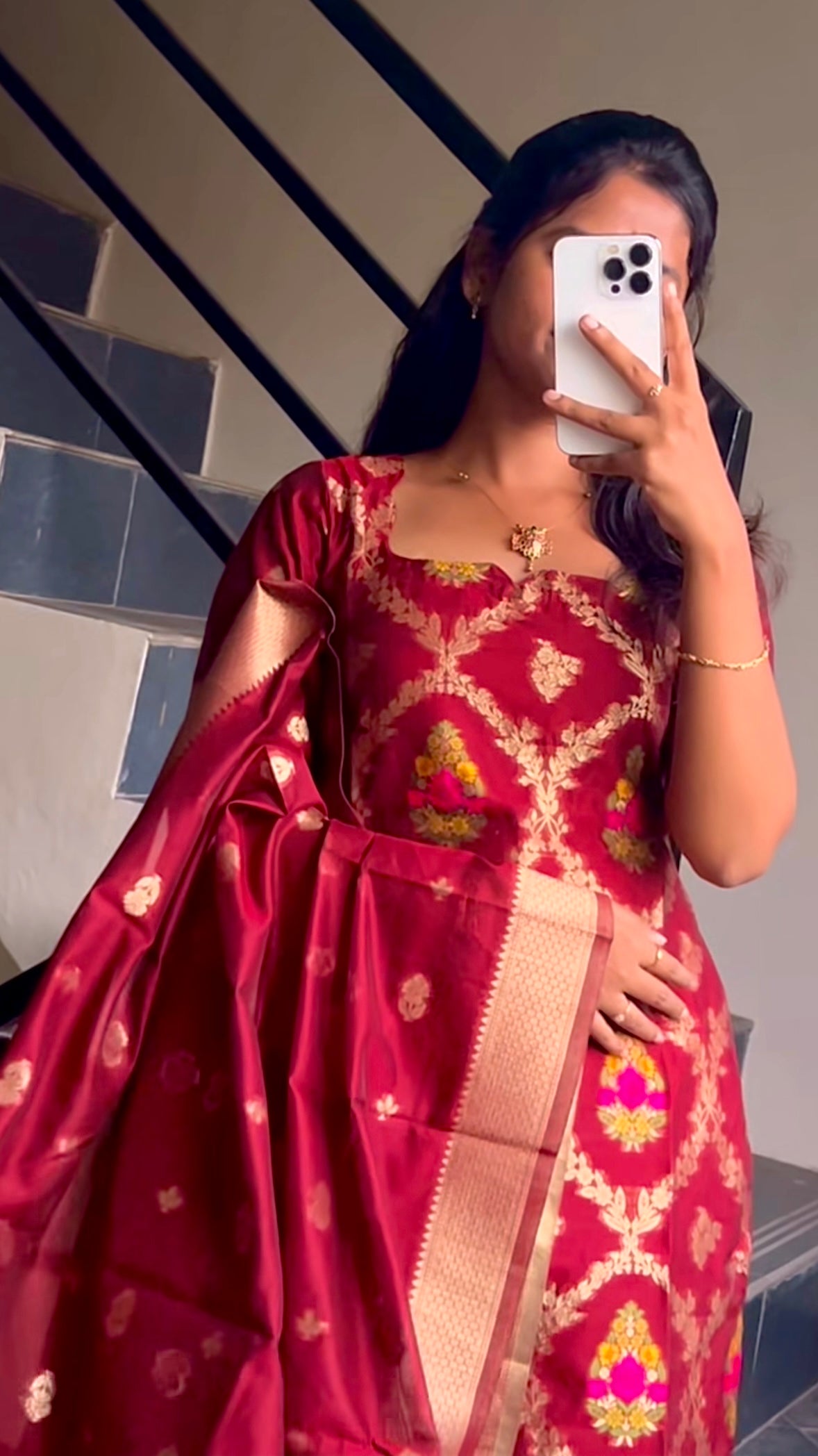 AC217 Maroon Banarasi Cotton Kurti Set