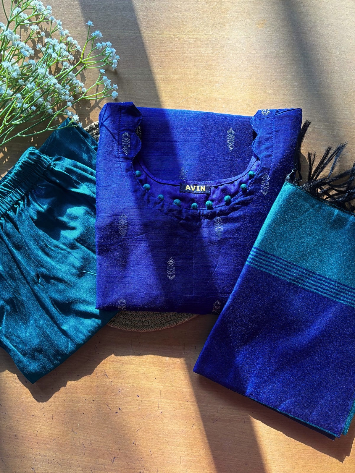 AC210 Royal Blue Raw Silk Kurti Set