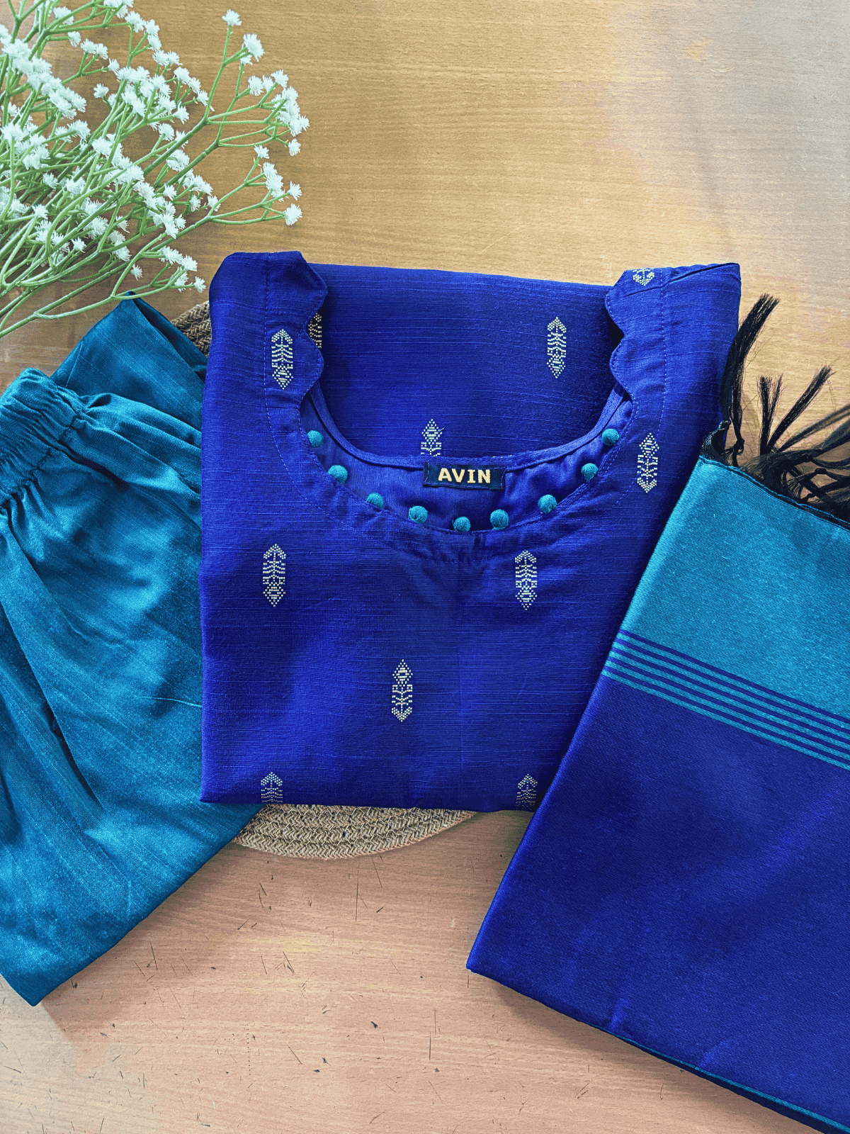 AC210 Royal Blue Raw Silk Kurti Set